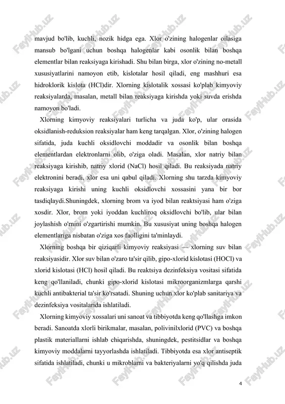 . bu reaktsiya dezinfeksiya vositasi sifatida keng qo'llaniladi, chunki gipo-xlorid kislotasi mikroorganizmlarga qarshi kuchli antibakterial ta'sir ko'rsatadi. shuning uchun xlor ko'plab sanitariya va dezinfeksiya vositalarida ishlatiladi. xlorning kimyoviy xossalari uni sanoat va tibbiyotda keng qo'llashga imkon beradi. sanoatda xlorli birikmalar, masalan, polivinilxlorid (pvc) va boshqa plastik materiallarni ishlab chiqarishda, shuningdek, pestitsidlar va boshqa kimyoviy moddalarni tayyorlashda ishlatiladi. tibbiyotda esa xlor antiseptik sifatida ishlatiladi, chunki u mikroblarni va bakteriyalarni yo'q qilishda juda samarali hisoblanadi.xlorning ekologik ta'siri ham muhim ahamiyatga ega. uning atrof-muhitga, ayniqsa, atmosferaga ta'siri ozon qatlamining yomonlashishiga olib kelishi mumkin. xlorli birikmalar, masalan, xlorofluorokarbonlar (cfc), ozon qatlamini kamaytiruvchi moddalar sifatida tanilgan. shu sababli, xlor va uning birikmalari ekologik xavf tug'dirishi mumkin.xulosa qilib aytganda, xlor — juda reaktsion va keng qo'llaniladigan element bo'lib, uning kimyoviy xossalari, sanoat va tibbiyotdagi o'rni, shuningdek, ekologik ta'siri haqida to'liq tushuncha olish uning ahamiyatini yaxshiroq anglashga yordam beradi.xlor — juda faol bo‘lgan noorganik elementlardan biri bo‘lib, …