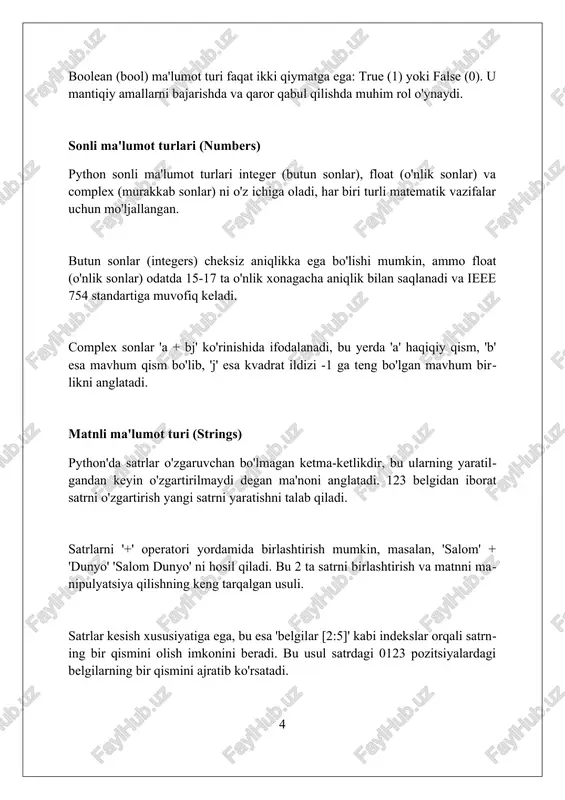 eng kuchga ega bo'lib, x ning joriy qiymatiga 3 ni qo'shadi va natijani x ga yuklaydi. o'zgaruvchilarning global va lokal doirasi (scope) global o'zgaruvchilar 100 ta funktsiyadan tashqarida e'lon qilinadi, dasturning istalgan joyidan ularga murojaat qilish mumkin, qiymatlarini o'zgartirish imkoniyati mavjud. lokal o'zgaruvchilar 25 ta funktsiya ichida e'lon qilinadi, faqat shu funktsiya ichida ulardan foydalanish mumkin; funktsiyadan tashqarida ularga kirish imkonsiz. o'zgaruvchining doirasi, uning amal qilish hududini belgilaydi. global doira dasturning barcha qismlari uchun, lokal doira esa faqat 5 ta funktsiya ichida amal qiladi. konstantalar (constants) python'da o'zgarmaslar (konstantalar) o'zgarishi kerak bo'lmagan qiymatlarni belgilaydi, masalan, pi soni (3.14159) yoki yilning oylar soni (12). ular kodda aniqlik va o'qilishni oshiradi. o'zgarmaslar uchun odatda katta harflardan foydalaniladi, masalan, max_size = 1000. bu o'zgarmasning o'zgarishi kerak emasligini ko'rsatadi, garchi python majburiy konstantalarni qo'llab-quvvatlamasa ham. python-da konstantalar o'zgarmaydi; shunchaki nomlash kelishuvi mavjud. dasturchi constant_value qiymatini o'zgartirishi mumkin, ammo bu yaxshi amaliyot emas va xatoliklarga …
