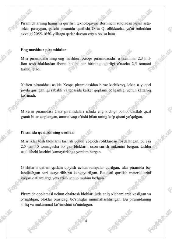 erishish uchun quyosh va yulduzlarning teng kunlik nuqtalaridan foydalanishni talab qilgan. ko'pgina piramidalar orion belbog'ining uchta yulduzining joylashuvi bilan mos keladi, bu qadimgi misrliklarning o'limdan keyingi hayotga ishonchi va astronomik bilimlar o'rtasidagi simvolik bog'liqligini aks ettiradi. piramidalar va faraonlar piramidalarning qurilishi fir'avnlarning hokimiyatini namoyish etish, 20-30 minglab ishchilarning mehnatini talab qilib, ularning ilohiy maqomini mustahkamlashga xizmat qilgan monumental loyiha edi. fir'avn vafotidan keyin uning mumiyasi piramidaning markazidagi xonaga joylashtirilgan, u yerda turli xil qimmatbaho buyumlar va oziq-ovqat mahsulotlari bilan birga keyingi hayot uchun ta'minlangan. qadimgi misrning 4-sulolasi fir'avnlari, xususan xufu (xeops), xafra (xephren) va menkaura (mikerin) giza platosi yaqinida eng mashhur va ulkan piramidalarni qurdirgan. piramidalar merosi misr piramidalari merosi, ularning astronomik yo'nalishlarida yaqqol ko'rinadi; masalan, piramidalarning asosiy yo'nalishlari 4 daqiqagacha bo'lgan darajada aniq bo'lib, ular osmon bilan bog'liqligini ko'rsatadi. piramidalar merosining muhim jihati - bu giza piramidalarini qurish uchun ishlatilgan 2,3 milliondan ortiq tosh bloklarining logistikasi, bu esa 30 …