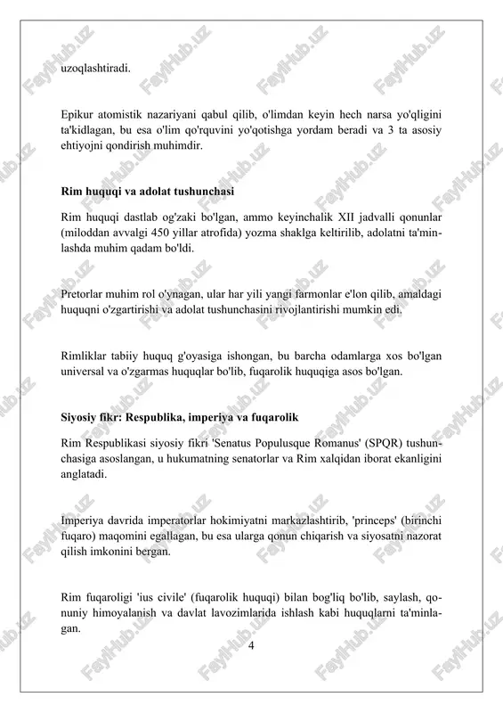 vaffaqiyatga erishdilar, ularning ko'p qavatli, arkali tizimlari shaharlarga 1 million gallon suv etkazib berish imkonini berdi. rim sementi, vulkan kullari, ohak va suv aralashmasi, bugungi betondan ancha mustahkam bo'lib, 2000 yildan ortiq vaqt davomida binolarni saqlab qolgan. yo'llar qurilishi imperiyaning harbiy va savdo maqsadlari uchun muhim edi; 50000 mildan ortiq tosh yo'llar aloqani osonlashtirdi va rivojlanishga yordam berdi. qadimgi rim g'oyalarining keyingi davrlarga ta'siri rim huquqi, ayniqsa, justinian kodeksi, yevropa qonunchiligiga asos bo'lib, mulk, shartnoma va protsessual normalarga sezilarli ta'sir ko'rsatdi va hozirgacha o'rganiladi. rimning respublika boshqaruvi g'oyasi, ayniqsa, senatning roli, 18-asrda amerika qo'shma shtatlari asoschilariga ta'sir ko'rsatib, vakillik hukumatining shakllanishiga hissa qo'shdi. rim arxitekturasi, masalan, kolizey va pantheon, yevropa uyg'onish davridagi binolarga katta ta'sir ko'rsatdi, gumbazlar, ustunlar va betonlardan foydalanish esa ko'plab inshootlarda aks etdi. tanqid va qarshi g'oyalar rimda tanqid ko'pincha senatning hokimiyatini cheklashga qaratilgan edi, miloddan avvalgi 133-121 yillarda gracchilar islohotlariga qarshi chiqqan konservativ senatorlar bunga misol …