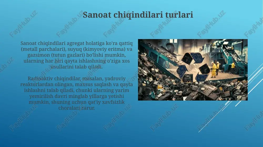 atlar bo'lib, bu kichik va o'rta korxonalar uchun 30-40% gacha investitsiya to'siqini keltirib chiqaradi, moliyaviy yordam kerak. qayta ishlash texnologiyalari uchun malakali mutaxassislar yetishmasligi, xususan, 25% kamligi kuzatiladi, o'quv dasturlari va sertifikatlashtirish orqali hal qilinishi mumkin. misollar va muvaffaqiyatli amaliyotlar germaniyadagi titan ishlab chiqarish chiqindilarini qayta ishlash texnologiyasi 95% titan konsentratini qayta tiklashga imkon beradi, bu esa xarajatlarni 30% ga kamaytiradi. janubiy koreyadagi elektron chiqindilarni qayta ishlash zavodi metallarning 99% dan ortig'ini, jumladan oltin, kumush va palladiyni qayta tiklaydi, aylanma daromadi esa 50 million aqsh dollaridan oshadi. xulosa xulosa sanoat chiqindilarini qayta ishlash texnologiyalarining muhimligi va afzalliklarini ta'kidlaydi, jumladan, resurslarni tejash va atrof-muhitga ta'sirni kamaytirish kabi ko'rsatkichlar keltiriladi. qayta ishlash texnologiyalarini joriy etishda duch keladigan qiyinchiliklar, masalan, yuqori kapital xarajatlari va texnologik murakkabliklar muhokama qilinadi va ularni hal qilish yo'llari ko'rsatiladi. e'tiboringiz uchun rahmat image1.jpg image2.jpg image3.jpg image4.jpg image5.jpg image6.jpg image7.jpg image8.jpg image9.jpg image10.jpg image11.jpg image12.jpg image13.jpg image14.jpg image15.jpg image16.jpg …