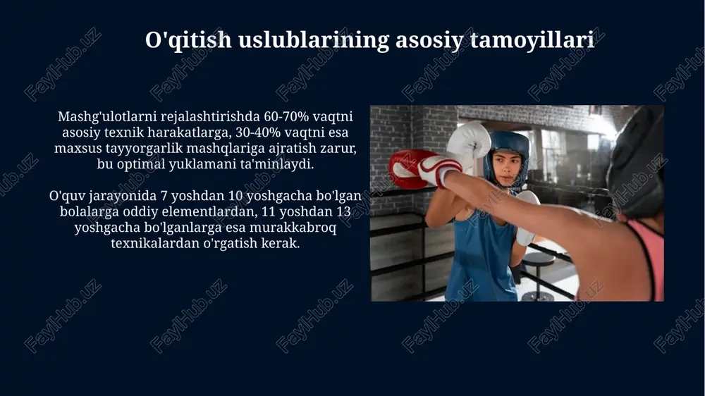 zlash, tuzatish mashqlari va takroriy baholash orqali 80% gacha xatolarni bartaraf etish mumkin. progressni baholash va monitoring qilish progressiv baholash sportchining texnik mahoratini 3 bosqichda (boshlang'ich, o'rta, yuqori) kuzatishni o'z ichiga oladi, har bir bosqich uchun mezonlar aniq belgilangan. monitoring mashg'ulotlar davomida texnikani takomillashtirish uchun 5 daqiqalik tezkor video tahlil seanslarini o'tkazishni nazarda tutadi, bu darhol fikr-mulohaza beradi. xulosa xulosa shuni ko'rsatadiki, muvaffaqiyatli o'qitish 70% texnika, 20% jismoniy tayyorgarlik va 10% psixologik mustahkamlikni uyg'unlashtirishi kerak, natijalarni optimallashtirish uchun. tahlil shuni ko'rsatadiki, interaktiv usullar (masalan, rolli o'yinlar) 40%ga ko'proq texnikani o'zlashtirishga olib keladi, an'anaviy usullarga nisbatan sportchilarning o'zaro aloqasi orqali. e'tiboringiz uchun rahmat image5.jpg image6.jpg image7.jpg image8.jpg image9.jpg image10.jpg image11.jpg image12.jpg image13.jpg image14.jpg image15.jpg image16.jpg image17.jpg image18.jpg image19.jpg image20.jpg image21.jpg image1.jpeg