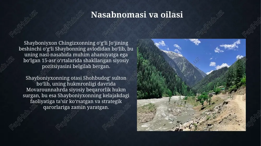 asrda ularning hukmronligi o'zbek qabilalarini birlashtirib, markaziy osiyoda yangi etnik-siyosiy birlikni vujudga keltirdi. shayboniylar davlatining qulashi 1598-yilda shayboniylar davlatining so'nggi hukmdori pirmuhammad ii ning o'ldirilishi, taxt uchun kurashni kuchaytirdi va davlatning siyosiy barqarorligini yo'qqa chiqardi. ashtarxoniylar (joniylar) sulolasining hokimiyatga kelishi 1601-yilda shayboniylar davlatining qulashiga olib keldi. bu davrda mamlakatda siyosiy markazlashuv yo'qoldi. shayboniyxonning tarixiy ahamiyati shayboniyxonning o'rta osiyoda markazlashgan davlat barpo etishga intilishi, 1500-yillarda movarounnahrni birlashtirib, shayboniylar davlatiga asos soldi, siyosiy ahamiyatini belgiladi. uning harbiy yurishlari va istilolari, xususan, samarqand va buxoro shaharlarini egallashi, o'rta osiyo siyosiy xaritasini tubdan o'zgartirdi va yangi davlatning hududiy asosini yaratdi. e'tiboringiz uchun rahmat image2.jpg image3.jpg image4.jpg image5.jpg image6.jpg image7.jpg image8.jpg image9.jpg image10.jpg image11.jpg image12.jpg image13.jpg image14.jpg image15.jpg image16.jpg image17.jpg image18.jpg