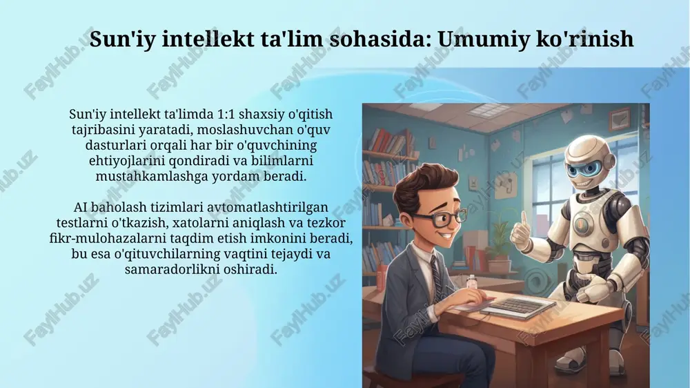 olash va 80% moslashtirilgan o'quv rejalarni yaratishga yordam beradi. xulosa, ai baholashda o'qituvchilarning ish yukini kamaytiradi, avtomatlashtirilgan testlarni yaratish va baholash orqali vaqtni 70% gacha tejaydi. e'tiboringiz uchun rahmat image2.jpg image3.jpg image4.jpg image5.jpg image6.jpg image7.jpg image8.jpg image9.jpg image10.jpg image11.jpg image12.jpg image13.jpg image14.jpg image15.jpg image16.jpg image17.jpg image1.png