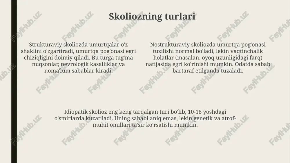 ligi xavfini taxminan 30-40 foizga kamaytiradi. muntazam jismoniy faollik mushaklar massasini oshiradi, metabolizmni tezlashtiradi va kaloriya sarfini 15-25 foizga optimallashtirib, vaznni nazorat qilishga yordam beradi. muntazam ravishda mashqlar bajarish muntazam mashqlar skoliozning 10-20 daraja egilishini kamaytirishga yordam beradi, mushaklarni kuchaytiradi va umurtqa pog'onasini qo'llab-quvvatlaydi. skolioz uchun mos mashqlar, masalan, 3-4 kunlik intensivlik bilan, umurtqa pog'onasidagi bosimni kamaytirib, og'riqni yo'qotishga yordam beradi. suzish, yoga va pilates kabi muntazam mashqlar umurtqa pog'onasining harakatchanligini oshiradi, skolioz tufayli kelib chiqadigan noto'g'ri pozitsiyani 25% ga kamaytiradi. skolioz uchun maxsus mashqlar skolioz uchun maxsus mashqlar, masalan, "kobra" pozasi orqa mushaklarini kuchaytiradi va umurtqani to'g'rilashga yordam beradi, bu esa 10-15 marta takrorlanadi. asimmetrik mashqlar, masalan, bir qo'lni ko'tarib, ikkinchi qo'lni tushirish, umurtqa egri chizig'ining muvozanatini yaxshilaydi va kuniga 2-3 marta, har bir tomonga 8-12 marta bajariladi. skolioz bilan kurashish uchun nafas olish mashqlari muhim, ular diafragmani mustahkamlaydi va umurtqa pog'onasini qo'llab-quvvatlaydi, 5-10 daqiqa davomida chuqur nafas olish …