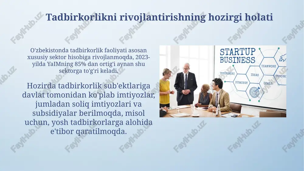 shda muhim rol o'ynaydi. mintaqaviy savdo ko'rgazmalarida ishtirok etish orqali, 30 dan ortiq davlat bilan aloqalarni mustahkamlab, eksport imkoniyatlarini oshirish ko'zda tutilgan. tadbirkorlik madaniyatini targ'ib qilish ommaviy axborot vositalarida "eng yaxshi tadbirkor" ko'rsatuvlarini tashkil etish, muvaffaqiyatli biznes namunalarini yoritish orqali 1000 nafardan ortiq odamni ilhomlantirish. ta'lim muassasalarida "biznes boshlash" bo'yicha 24 soatlik treninglar tashkil etish, 5000 dan ziyod yoshlarga biznes rejalashtirish asoslarini o'rgatish. monitoring va baholash monitoring va baholashda aniq kpi'lardan foydalanish muhim, masalan, yangi bizneslar soni, o'sish sur'ati % da va davlat dasturlari samaradorligini baholash. baholash jarayoni doirasida so'rovlar o'tkazish, tadbirkorlardan fikr-mulohazalar olish va muammolarni aniqlash orqali dasturlarni takomillashtirish imkoniyati mavjud. e'tiboringiz uchun rahmat image4.png image5.jpg image6.jpg image7.jpg image8.jpg image9.jpg image10.jpg image11.jpg image12.jpg image13.jpg image14.jpg image15.jpg image16.jpg image17.jpg image18.jpg image19.jpg image20.jpg image21.jpg image1.jpeg