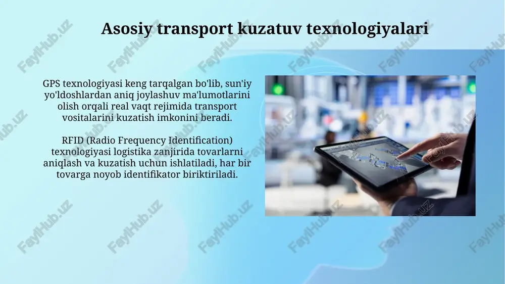 vis arxitekturasi katta dasturiy ta'minotni 10-15 ta kichik, mustaqil xizmatlarga ajratib, deployment va masshtablashni osonlashtiradi, downtime kamayadi. kelajak tendentsiyalari va rivojlanish istiqbollari transport tizimlarida blokcheyn texnologiyasining integratsiyasi, ayniqsa ta'minot zanjirlarida, shaffoflikni oshiradi va firibgarlikni kamaytiradi, 2025 yilga borib bozorni $20 milliardga yetkazadi. sun'iy intellekt (si) va mashinali o'rganish (mo) asosidagi algoritmlar real vaqtda trafikni bashorat qilish, yo'nalishni optimallashtirish va texnik xizmat ko'rsatishni rejalashtirish imkoniyatini beradi, xarajatlarni 15-20% ga kamaytiradi. e'tiboringiz uchun rahmat image2.jpg image3.jpg image4.jpg image5.jpg image6.jpg image7.jpg image8.jpg image9.jpg image10.jpg image11.jpg image12.jpg image13.jpg image14.jpg image15.jpg image16.jpg image1.png