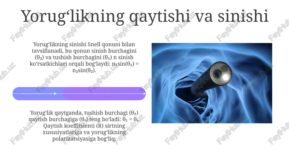 irni ko'rsatadi, bu esa invaziv bo'lmagan diagnostikani ta'minlaydi. xulosada, to'liq ichki qaytishning asosiy omillari, yorug'likning zich muhitdan siyrak muhitga o'tishi va tushish burchagining kritik burchakdan katta bo'lishidir. e'tiboringiz uchun rahmat image4.png image5.jpg image6.jpg image7.jpg image8.jpg image9.jpg image10.jpg image11.jpg image12.jpg image13.jpg image14.jpg image15.jpg image16.jpg image17.jpg image18.jpg image19.jpg image1.jpeg image2.jpeg image3.jpeg
