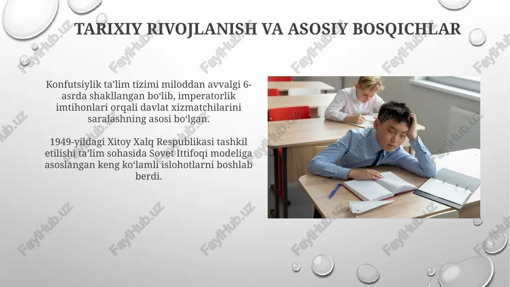 milliarddan ortiq sarmoya kiritib, tadqiqot sifatini oshirmoqda. kelajakdagi tendentsiyalar va istiqbollar ta'limda sun'iy intellektning (ai) keng qo'llanilishi o'quv jarayonini individuallashtirish va 24/7 qo'llab-quvvatlash imkoniyatini beradi, bunda ai-ga asoslangan tutorlar ko'payishi mumkin. vr/ar texnologiyalari ta'limda immersiv tajribalar yaratadi, masalan, 3d virtual sinflar va tarixiy joylarga sayohatlar 2030-yilga borib ta'lim sifatini oshirishga qaratiladi. xulosa va takliflar xulosa shuki, xitoy ta'lim tizimi yuqori natijalarga erishsada, 996 ish jadvali va o'quv yuklamasi kabi salbiy omillarni kamaytirish zarur. taklif sifatida, ta'lim dasturlariga 21-asr ko'nikmalarini (kreativlik, tanqidiy fikrlash) integratsiya qilish va imtihonlarga tayyorgarlikdan voz kechish lozim. e'tiboringiz uchun rahmat image3.png image4.jpg image5.jpg image6.jpg image7.jpg image8.jpg image9.jpg image10.jpg image11.jpg image12.jpg image13.jpg image14.jpg image15.jpg image16.jpg image17.jpg image18.jpg image19.jpg image20.jpg image1.png