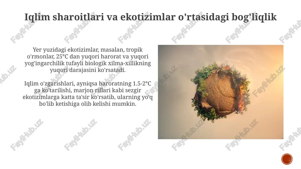 iklar va hayvonot turlarining tarqalish areallarini sezilarli darajada o'zgartiradi. o'zgaruvchan yog'ingarchilik rejimi va ekstremal ob-havo hodisalari (qurg'oqchilik, suv toshqinlari) 30-40% qishloq xo'jaligi hosildorligini kamaytirishi va oziq-ovqat xavfsizligini xavf ostiga qo'yishi mumkin. ekotizimlarni muhofaza qilish strategiyalari ekosistemalarni muhofaza qilish strategiyalariga 30% quruqlik va suv maydonlarini 2030 yilgacha muhofaza ostiga olish kiradi, bu biologik xilma-xillikni saqlashning muhim qismidir. habitatlarni tiklash, masalan, daryolarni qayta tiklash va 10 million gektar o'rmonni qayta tiklash, ekosistema xizmatlarini yaxshilash va bioxilma-xillikni oshirishga qaratilgan. xulosa: kelajak uchun istiqbollar kelajakdagi iqlim o'zgarishlari sharoitida ekotizimlarning moslashuvchanligini oshirish uchun 2030-yilgacha uglerod neytralligiga erishishning muhimligi ta'kidlanadi. global haroratning 1.5 daraja selsiyga ko'tarilishiga yo'l qo'ymaslik maqsadida 2050-yilgacha qayta tiklanuvchi energiya manbalaridan 85% foydalanishga o'tish zarur. e'tiboringiz uchun rahmat image4.jpg image5.jpg image6.jpg image7.jpg image8.jpg image9.jpg image10.jpg image11.jpg image12.jpg image13.jpg image14.jpg image15.jpg image16.jpg image17.jpg image18.jpg image19.jpg image20.jpg image1.png image2.png image3.png