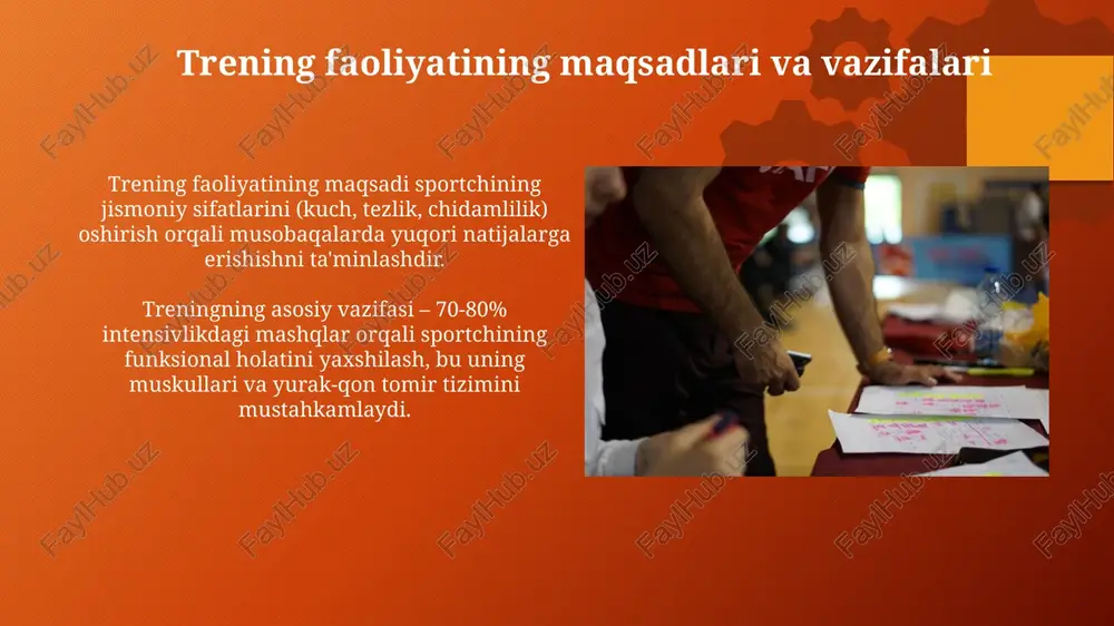 mashq qilish, texnikani to'g'ri bajarish va qizdirish, sovutish mashqlarini bajarish zarur, shuningdek to'g'ri ovqatlanish muhim ahamiyatga ega. sport turlari bo'yicha jarohatlarning oldini olishda, sport inventarlarining to'g'ri tanlanishi, ularning holatini nazorat qilish, shuningdek sport maydonlarining xavfsizligi ta'minlanishi kerak. xulosa xulosa qismida sportchi maqsadlariga erishish uchun qilingan mashg'ulotlarning samaradorligi va natijalarini aniq baholash kerak, masalan, 100 metrga yugurish tezligining 0.2 sekundga oshishi. xulosada, kelajakdagi mashg'ulot jarayonini optimallashtirish uchun 2-3 ta asosiy kamchiliklar va sportchining kuchli tomonlari kabi muhim takliflar berilishi kerak. e'tiboringiz uchun rahmat image2.png image1.svg image4.png image6.jpg image7.jpg image8.jpg image9.jpg image10.jpg image11.jpg image12.jpg image13.jpg image14.jpg image15.jpg image16.jpg image17.jpg image18.jpg image19.jpg image20.jpg image21.jpg image22.jpg image1.png
