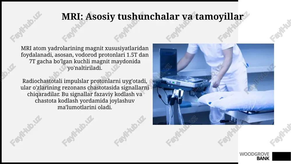 uchli magnit maydon jiddiy xavf tug'dirishi mumkin. mskt va kt tekshiruvlarida ionlashtiruvchi nurlanish qo'llaniladi, shuning uchun homiladorlik kontrendikatsiya hisoblanadi va bolalar uchun dozani minimal darajada ushlab turish muhimdir. woodgrove bank klinik holatlar va misollar o'tkir insultda mrt difuziya-vaznli ketma-ketligi ishemik o'zgarishlarni bir necha daqiqada aniqlaydi, kt esa birinchi 6 soatda noaniq bo'lishi mumkin. o'pka emboliyasi diagnostikasi uchun mskt angiografiyasi yuqori aniqlikni ta'minlaydi, o'pkada 3 mm gacha bo'lgan mayda tomirlarni vizualizatsiya qiladi. woodgrove bank xulosa xulosa diagnostika natijalarini umumlashtiradi, asosiy topilmalar va kasallikning bosqichini aniqlaydi, shifokorga to'g'ri davolash rejasini tuzishga yordam beradi. bu muhim qadam hisoblanadi. zamonaviy tekshiruv usullari, masalan, mri, mskt va doppler sonografiyasi orqali olingan ma'lumotlar asosida xulosa bemorning holatini aniq baholash uchun zarurdir. woodgrove bank e'tiboringiz uchun rahmat woodgrove bank image1.jpg image2.jpg image3.jpg image4.jpg image5.jpg image6.jpg image7.jpg image8.jpg image9.jpg image10.jpg image11.jpg image12.jpg image13.jpg image14.jpg image15.jpg image16.jpg image17.jpg
