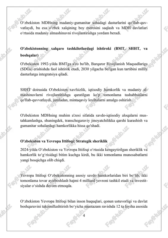 atlarga hissa qoʻshadi. oʻzbekiston terrorizmga qarshi kurash boʻyicha mintaqaviy tuzilmalarda faol ishtirok etib, maʼlumot almashish va transmilliy tahdidlarga qarshi kurashda hamkorlikni kuchaytiradi. afganiston bo'yicha o'zbekistonning pozitsiyasi o'zbekiston afg'oniston mojarosini faqat siyosiy yo'l bilan hal qilish tarafdori ekanligini bir necha bor ta'kidlagan, 2021-yildan beri insonparvarlik yordamini muntazam ravishda yetkazib beradi. toshkent afg'oniston bo'yicha yuqori darajadagi xalqaro konferensiyalarni o'tkazib kelmoqda, bu esa 2022-yilgi tadbirda afg'oniston bo'yicha mintaqaviy hamkorlikni kuchaytirishga qaratilgan. o'zbekiston afg'onistonga nisbatan inklyuziv siyosatni qo'llab-quvvatlaydi, shu jumladan barcha asosiy etnik guruhlar vakillari hukumatda ishtirok etishini muhim deb hisoblaydi. o'zbekistonning mintaqaviy loyihalardagi roli o'zbekiston trans-afg'on temir yo'li qurilishida faol ishtirok etib, mintaqaviy savdoni 30% ga oshirish va afg'onistonga iqtisodiy yordam ko'rsatishni maqsad qilgan. o'zbekiston markaziy osiyo davlatlari o'rtasida suv resurslaridan oqilona foydalanish bo'yicha muzokaralarni olib boradi, bu mintaqaviy barqarorlik uchun muhim ahamiyatga ega. o'zbekistonning energetika sohasidagi loyihalari, jumladan, surxon-puli xumri elektr uzatish liniyasi, mintaqada elektr energiyasi ta'minotini yaxshilashga qaratilgan. tashqi siyosatda o'zbekistonning …