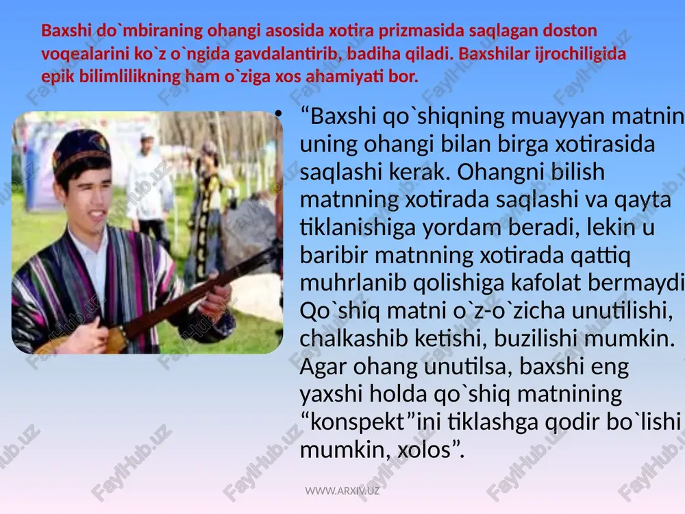 n so`ng to`rt misra naqorat takrorlanadi. bunday holat, birinchidan, qodir baxshining savodxonligi, she’r nazariyasini puxta o`zlashtirganligi bilan bog`liq. ikkinchidan, fozil shoir variantida epik tasvir keng bo`lsa, qodir baxshida lirik kayfiyat ustunroq. epik an’ananing ustozdan shogirdga og`zaki asosda yetib kelgan variantlariga e’tibor bersak, unda qadimiy dostonchilik san’atiga xos xususiyatlarning doston matnlarida saqlanganligiga duch kelamiz. www.arxiv.uz shuningdek, barqaror an’anaviy misralarning dostonlar matnida qo`llanishi, voqealar jarayonini ifodalashi, tasvirlanishiga ko`ra, epik an’ana asosida shakllanib kelgan bo`lsa-da, individual ijro jarayonida baxshilar talanti, badihago`yligiga qarab unga turlicha yondashadilar. masalan, ijro jarayonida baxshi barqaror misralardan nazmiy bayon tasvirida voqealar mohiyatiga qarab foydalansa-da, bu satrlarning bandlar tarkibida takror-takror qo`llanaverishi misradagi mazmun mohiyatiga ham salbiy ta’sir ko`rsatishi mumkin. buni biz chori baxshi umirovdan yozib olingan «malla savdogar» dostoni misolida ko`rishimiz mumkin: baland tovlarning qorini, baland tovlar bo`ktar qorma, baland tovda bo`ktarilgan oppoq qor, baland tovlarda qorlarim, baland tovda bo`ktarilgan bastini, baland tovlarda oppoq qor, baland tovlar bo`ktarilgan qoringdi, baland …