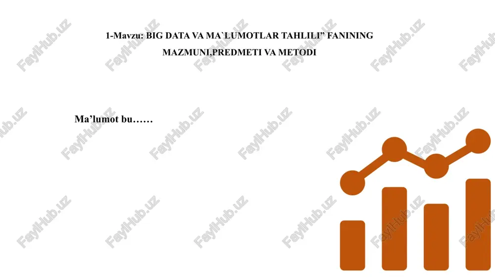 dirish yoki olib tashlash, noto'g'ri (anomal) ma'lumotlarni tuzatish. transformatsiya (transformation): ma'lumotlarni bir formatdan boshqa formatga o'tkazish (masalan, strukturasiz matnni strukturalangan jadvallarga aylantirish). integratsiya (integration): turli manbalardan olingan ma'lumotlarni birlashtirish. texnologiyalar: apache spark, apache flink, etl (extract, transform, load) vositalari. 4. ma'lumotlarni qayta ishlash va tahlil (data processing / analysis) bu asosiy bosqich bo'lib, tayyorlangan ma'lumotlardan foydali bilim olish amalga oshiriladi: qayta ishlash: ma'lumotlar ustida hisoblash operatsiyalari o'tkaziladi (masalan, yig'ish, guruhlash, filtrlash). tahlil turlari: tavsifiy tahlil (descriptive): nima sodir bo'lganini tushunish (hisobotlar). bashoratli tahlil (predictive): kelajakda nima sodir bo'lishini taxmin qilish (mashinaviy o'rganish modellarini qo'llash). normativ tahlil (prescriptive): nima qilish kerakligi haqida tavsiyalar berish. texnologiyalar: apache spark, mapreduce, mashinaviy o'rganish (machine learning) kutubxonalari. 5. natijalarni vizualizatsiya va qo'llash (visualization & application) tahlil natijalari foydalanuvchilar (menejerlar, mutaxassislar) tushunishi uchun qulay shaklda taqdim etiladi. vizualizatsiya: grafiklar, diagrammalar, interaktiv boshqaruv panellari (dashboards) orqali ma'lumotlardagi tendensiyalar va qonuniyatlarni ko'rsatish (masalan, tableau, power bi). qo'llash: olingan …