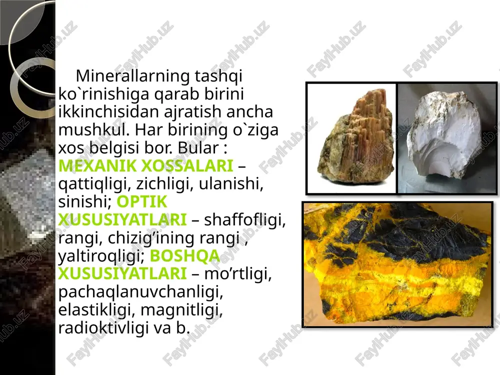 arda sinadi (apatit, olivin, berill). a) o’ta mukammal muskovit grafit b)mukammal galit kaltsit flyuorit flyuorit gips v) o’rta dala shpatlari gips g) mukammal emas kvarts nefelin olivin apatit minerallarning sinishi minerallarning sinishi – mineralning parchalanishida hosil bo‘ladigan yuzalar ko‘rinishidir. u ayniqsa nomukammal va juda nomukammal ulanishga ega bo‘lgan minerallarni o‘rganishda juda asqotadi. minerallar sinish yuzasining ko‘rinishi ham muhim diagnostik belgilar qatoriga kiradi. minerallarda chig‘anoqsimon, notekis, tekis, zirapchasimon, tuproqsimon sinish turlari ajratiladi. minerallaning sinishi ulanishi kabi xarakterli xususiyati hisoblanadi va muayyan mineral individida aniqlanadi. minerallarning mo‘rtligi va bolg‘alanishi. minerallarning diagnostik belgilari sifatida foydalanish mumkin bo‘lgan mexa­nik xossalaridan mo‘rtligi va bolg‘alanishini ko‘rsatib o‘tish mumkin. mo‘rtlik deb bosim ostida yoki zarbadan moddaning burdalanish xossasiga aytiladi. bolg‘alanishi (pachaqlanuvchanlik) deganda moddalarning bosim ostida yupqa plastinkalarga yalpoqlanishi va plastik bo‘lishi tushuniladi. elastiklik (qayishqoqlik) - mineralning kuch ta'sirida egilishi va kuch ta’siri to’xtatilgandan keyin avvalgi shaklini tiklash qobiliyati (slyuda uchun odatiy hisoblanadi). minerallarning optik xususiyatlari yaltiroqlik ikki …
