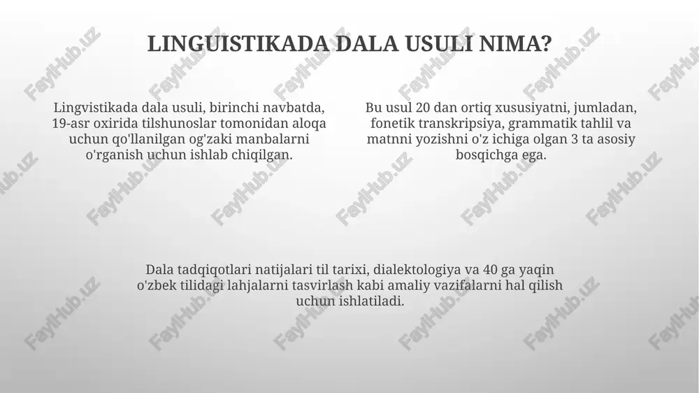 imli usuli boʻlib, har bir fonema uchun 1-ta harf mos kelishi ideal hisoblanadi. transkripsiya esa aniqroq boʻlib, nutqning har bir detalini, jumladan, choʻziqlik, urgʻu va talaffuzdagi farqlarni xalqaro fonetik alifbo (ipa) kabi maxsus belgilar orqali aks ettiradi. ma'lumotlarni tahlil qilish ma'lumotlarni tahlil qilishda deskriptiv statistika, masalan, o'rtacha qiymat (mean) va standart chetlanish (standard deviation) kabi ko'rsatkichlardan foydalanish muhimdir. lingvistik ma'lumotlarni tahlil qilishda frekvensiya tahlili (frequency analysis) yordamida so'zlar, morfemalar yoki grammatik konstruktsiyalarning qanchalik tez-tez uchrashini aniqlash mumkin. kvalitativ ma'lumotlar uchun tematik tahlil (thematic analysis) qo'llaniladi, bunda matnlardan asosiy mavzular ajratib olinadi va interpretatsiya qilinadi. etik masalalar ma’lumot yig’ishda informantning roziligini olish shart. axborot beruvchining shaxsiy ma’lumotlari, masalan, ismi-sharifi, yoshi va manzilgohi maxfiy saqlanishi, 1995-yilgi qonun talablari bajarilishi kerak. tilshunoslik tadqiqotida informantlar haq evaziga ishtirok etishi mumkin, lekin ularning til haqidagi bilimiga pul to’lash axloqiy emas. taklif qilinayotgan haq miqdori №47 qoidaga muvofiq belgilanishi lozim. ma’lumot beruvchilarga tadqiqotning maqsadi, usullari va …