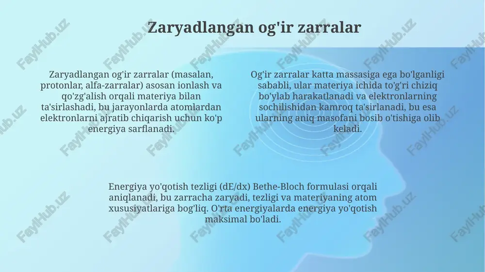 bir qatorda bremsstrahlung (tormozlanish nurlanishi) tufayli ham sodir boʻladi, ayniqsa yuqori energiya (10 mev dan yuqori) va yuqori z materiallarda muhim hisoblanadi. bragg egri chizig'i bragg egri chizig'i zarrachalarning materiya bilan o'zaro ta'siri natijasida hosil bo'ladi, bunda ionlashishning o'ziga xos energiyani yo'qotishi zarracha energiyasi kamayishi bilan ortadi. bragg cho'qqisi, asosan, og'ir zaryadlangan zarrachalarning energiyasi past bo'lganda va nisbiy tezligi kam bo'lganda sodir bo'ladi, chunki ular materiyaga asta-sekin ta'sir qiladi va ionlashishning yuqori darajasiga erishadi. bragg egri chizig'i og'ir zarrachalarning materiyadan o'tishidagi energiya yo'qotishini tasvirlaydi; maksimal ionlashish (bragg cho'qqisi) zarrachaning dastlabki energiyasining qoldiq masofasida sodir bo'ladi. zarralarni aniqlash kalorimetrlar zarrachalarning energiyasini o'lchash uchun ishlatiladi. ular zarrachalarning to'liq energiyasini yutib, shu energiyaga proportsional signal hosil qiladi. zarrachani aniqlashda ko'p ishlatiladigan usul - sintillyatsiya detektorlari. bu detektorlar ionlashgan nurlanish ta'sirida fotonlar chiqaradi, ularning soni energiya depozitiga proportsional. cherenkov nurlanishidan foydalanadigan detektorlar zarrachaning tezligini aniqlaydi. agar zarracha muhitda yorug'lik tezligidan tezroq harakatlansa, cherenkov nurlanishi …