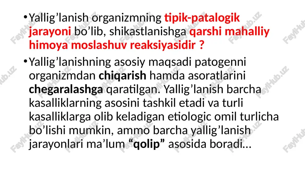 oatdan keyin eksudat tarkibida monotsitlar paydo bo'ladi va ular oylar davomida saqlanadi. (yallig'lanishda eritrotsitlar ham eritrodiapedez yo'li bilan to'qimaga o'tishi mimkin, bu jarayonga gemorragik yallig'lanish deyiladi va o'ta xavfli infektsiyalar: o'lat, kuydirgi kasalliklarida uchraydi) kumar, abbas, fausto, aster, v perev. s angl. kogan e.a. s soavt., 2014 stadii fagotsitoza priblijenie k ob'ektu fagotsitoza; prilipanie fagotsita k poverxnosti ob'ekta (raspoznavanie retseptorami fagotsita opsoninov) pogrujenie ob'ekta v tsitoplazmu fagotsita perevarivanie (ili, shire — killing-effekt, degradatsiya ob'ekta). ekzotsitoz produktov degradatsii stadiya proliferatsii razmnojenie kletok, t.e. sobstvenno proliferatsiyu; 2) sintez vnekletochnix komponentov soedinitelnoy tkani — kollagena, elastina, proteoglikanov, glikoproteinov. eti protsessi soprovojdayutsya znachitelnim usileniem anabolicheskix protsessov. umenshenie kontsentratsii v tkani keylonov. keyloni — eto veshestva belkovoy prirodi, kotorie obrazuyutsya zrelimi kletkami. oni yavlyayutsya ingibitorami kletochnogo deleniya. uvelichenie kontsentratsii v tkani stimulyatorov proliferatsii — faktorov rosta. image1.png image2.png image3.png image4.jpeg image5.png image6.png image7.png image8.png image9.png image10.png image11.png image12.png image13.png image14.png image15.png image16.png image17.jpeg image18.png image19.png …