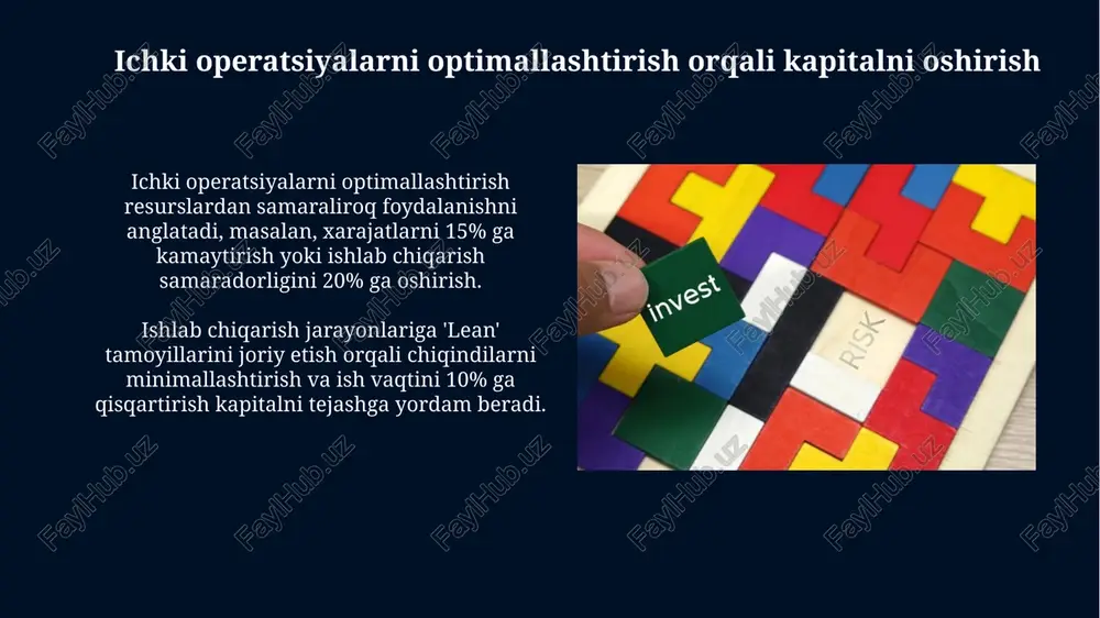 botlarda noaniqlik bo'lsa, ichki auditni kuchaytirish, nazoratni oshirish va har chorakda tekshirishni o'tkazish maqsadga muvofiq. muvaffaqiyat ko'rsatkichlari va hisobdorlik kapitalning o'sishini o'lchash uchun roe (kapital rentabelligi) kabi moliyaviy ko'rsatkichlardan foydalanish, investorlarga taqdim etiladigan hisobotlarda aniq ko'rsatilishi kerak, bu shaffoflikni oshiradi. aksiyadorlar bilan o'zaro munosabatlarni mustahkamlash uchun muntazam ravishda o'tkaziladigan yig'ilishlarda kapitalni oshirish strategiyalarining muvaffaqiyatini baholash va hisobot berish muhimdir. kapitalni oshirish bo'yicha muvaffaqiyatli misollar tesla 2010-yilda ipo orqali 226 million dollar mablag' jalb qildi. keyinchalik, kompaniya aktsiyalarni sotish va konvertatsiya qilinadigan obligatsiyalarni chiqarish orqali kapitalni oshirishda davom etdi. airbnb 2020-yilda ipo orqali 3.5 milliard dollar mablag' jalb qildi va covid-19 pandemiyasi davrida xarajatlarni kamaytirish va biznesni qayta yo'naltirish orqali muvaffaqiyatga erishdi. xulosa va keyingi qadamlar ushbu tadqiqot natijalari asosida 3-5 yillik strategik reja ishlab chiqish, ichki operatsiyalarni optimallashtirishdan tortib ipoga qadar, har bir imkoniyatni aniq maqsadlar bilan belgilaydi. kredit reytingini yaxshilash va qarzdorlikni 15% ga kamaytirish uchun 12 oy ichida …