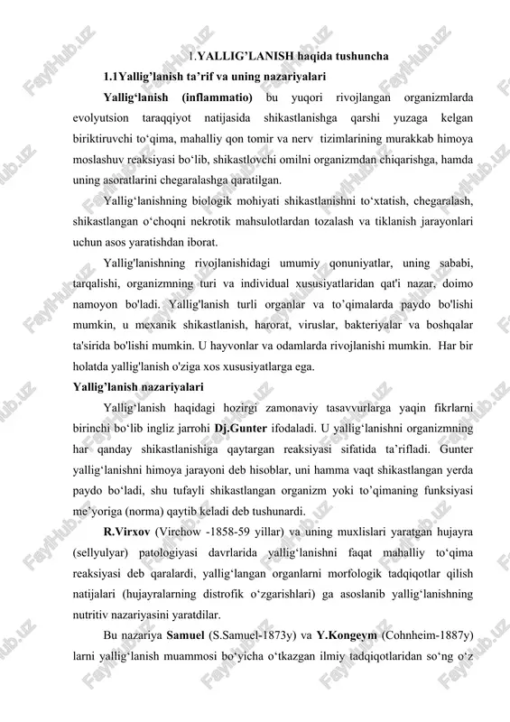 da endotelial hujayralarni bir-biridan ajralishi va buning natijasida ular orasida teshiklar hosil bo‘lishi, shu teshiklar orqali perivaskulyar (tomir atrofi) bo‘shliqqa tomirdan leykotsitlar suqulib o‘tadi, deb yozadi. yallig‘lanishning yana bir umumlashtiruvchi nazariyasi yallig‘lanish jarayonini chuqur fizik-kimyoviy va patokimyoviy tadqiqot qilish natijasida paydo bo’ldi. shade (m.schad, 1923y) yallig‘lanish o‘chog‘ida to‘qima atsidozi, osmotik va onkotik bosimlarni ortishini aniqladi va shularga asoslanib, yallig‘lanishning hamma o‘zgarishlarini belgilovchi - yallig‘lanishning fizik-kimyoviy nazariyasini taklif qildi. rikker (e. ricker 1924y) yallig‘lanish hodisasini, tomir-nervlar o‘zgarishining ko‘rinishi deb qaradi (yallig‘lanishning nerv-tomirlar nazariyasi). yallig‘lanish haqidagi ta’limotning hozirgi zamonaviy holati (polikar 1965y.,svayfax 1967y., g.movyat 1975y., l.m.chernu 1979y. va boshqalar), yallig‘lanish jarayonining dinamikasida ishtirok etuvchi mediatorlar sistemalarini jadal tadqiqot qilish va yallig‘lanish bilan immunologik himoya mexanizmlari orasidagi chambarchas o‘zaro aloqadorlikni o‘rganish (butun yaxlit organizm, organ, hujayra, hattoki molekulalar darajasida) bilan foydalaniladi. yallig‘lanish sabablari -fizikaviy omillar, -kimyoviy omillar, -biologik omillar, -qon aylanishining buzilishlari -o‘sma jarayonlari - immun reaksiyalari. yallig’lanishning mahalliy belgilari -qizarish -mahalliy harorat …