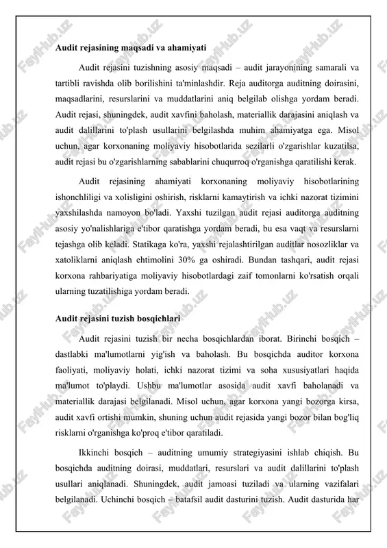 cha, agar korxona asosan kreditlar bilan ishlasa, kreditorlar uchun materiallik darajasi yuqoriroq bo'lishi mumkin. audit xavfini baholash audit xavfi – moliyaviy hisobotlarda material xato yoki nosozliklar mavjud bo'lsa va auditor ularni aniqlay olmasa, noto'g'ri audit xulosasi berish xavfidir. audit xavfi uchta komponentdan iborat: ajralish xavfi, nazorat xavfi va aniqlash xavfi. ajralish xavfi – moliyaviy hisobotlarda xato yoki nosozliklar paydo bo'lish xavfi. nazorat xavfi – korxona ichki nazorat tizimi xato yoki nosozliklarni aniqlay olmaslik yoki tuzata olmaslik xavfi. aniqlash xavfi – auditor audit protseduralari orqali xato yoki nosozliklarni aniqlay olmaslik xavfi. audit xavfini baholash audit rejasining muhim qismidir, chunki u audit protseduralarini rejalashtirish va o'tkazishda qo'llaniladi. auditor har bir xavf komponentini alohida baholaydi va umumiy audit xavfini aniqlaydi. yuqori audit xavfi auditorning ko'proq audit dalillarini to'plashini va batafsil audit protseduralarini o'tkazishini talab qiladi. misol uchun, agar korxonada ichki nazorat tizimi zaif bo'lsa, nazorat xavfi yuqori bo'ladi va auditor ko'proq substantiv testlarni …