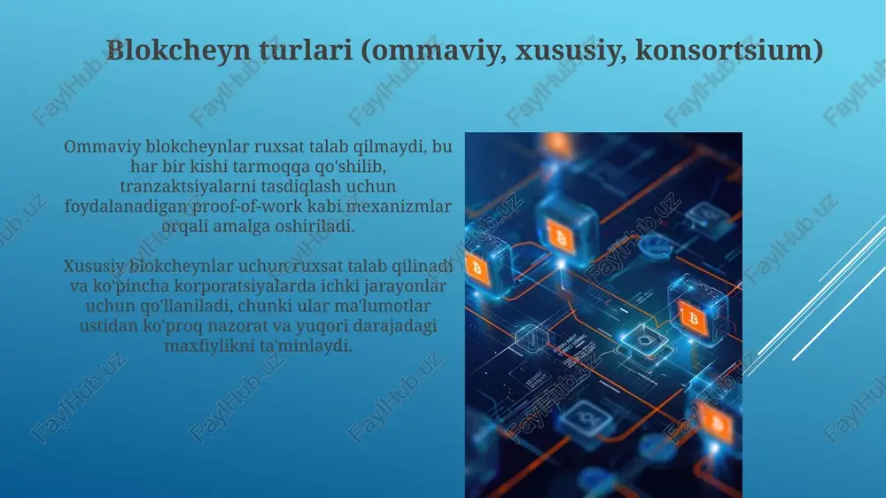 g ta'rifi blokcheyn – bu kriptografik jihatdan bog'langan bloklardan iborat taqsimlangan, o'zgarmas kitob. har bir blok oldingi blokning xeshini o'z ichiga oladi, bu ma'lumotlar yaxlitligini ta'minlaydi. markazlashtirilmagan tizim sifatida blokcheyn 51% hujum kabi xavfsizlik tahdidlariga qarshi turadi, chunki barcha tarmoqning kelishuviga erishish uchun ko'p hisoblash quvvati talab etiladi. konsensus mexanizmlari konsensus mexanizmlari blokcheynda bitimlar qabul qilinishini ta'minlaydi, proof-of-work (pow) kabi, bunda kompyuterlar murakkab masalalarni yechib, blok qo'shish huquqini qozonadi. proof-of-stake (pos) - bu konsensus mexanizmi bo'lib, unda foydalanuvchilar o'z kriptovalyutalarini garovga qo'yib, bloklarni yaratish va bitimlarni tasdiqlash imkoniyatiga ega bo'ladilar. aqlli kontraktlar aqlli kontraktlar – bu o'z-o'zidan ishlaydigan kodlar bo'lib, ular oldindan belgilangan shartlar bajarilganda avtomatik ravishda bajariladi, shartnoma xavfsizligini ta'minlaydi va vositachilarni kamaytiradi. ethereum kabi blokcheyn platformalarida 1994 yilda nick szabo tomonidan taklif qilingan aqlli kontraktlar, 20-30 qator koddan iborat bo'lib, bitim jarayonlarini avtomatlashtirish uchun ishlatiladi. blokcheyn ekotizimi blokcheyn ekotizimi 3 asosiy qatlamdan iborat: infratuzilma (protokollar), oraliq dasturiy taʼminot …