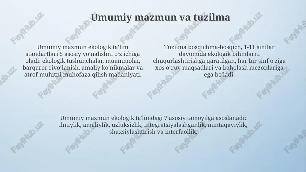 atsiyalar va real vaqtda monitoring qurilmalari kabi zamonaviy texnologiyalar muhim rol o'ynaydi, bu esa o'quv jarayonini 40% ga oshiradi. maktablar 10 yillik reja asosida ekologik o'quv resurslari bilan ta'minlanishi kerak, bunda resurslar jamg'armasi har yili 15% ga yangilanib borishi, shuningdek, energiya tejovchi asbob-uskunalar bilan jihozlanishi kerak. o'quv resurslariga qo'shimcha ravishda, mahalliy flora va fauna kataloglari, suv va tuproq test kitoblari hamda chiqindilarni qayta ishlash uchun materiallar bilan ta'minlash lozim, bu esa 75% amaliy mashg'ulotlarni o'z ichiga oladi. mahalliy kontekst va mintaqaviy xususiyatlar har bir mintaqaning noyob biologik xilma-xilligi, jumladan, endemik turlar va ularning muhofazasi bo'yicha 5 ta asosiy vazifalarni aniqlash, mahalliy ekologik muammolarga yo'naltirilgan bo'lishi lozim. mintaqaviy suv resurslarining mavjudligi va ulardan foydalanish usullari ekologik ta'lim standartlarida aks etishi kerak, ayniqsa, orol dengizi havzasi kabi 10 ga yaqin muammoli hududlarda. mahalliy agroekosistemalar va qishloq xo'jaligi usullari, masalan, irrigatsiya tizimlari va dehqonchilikning an'anaviy usullari ekologik ta'limning tarkibiy qismi bo'lishi zarur. milliy …