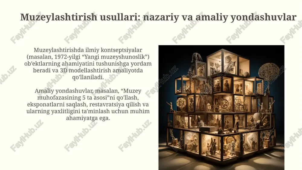 sini kuchaytiradi va kontekstni taqdim etadi. interpretatsiya vositalari interaktiv ekranlar, 2d grafikalar, audio-vizual materiallar va 10 tadan ortiq turli xil etiketlash usullarini o'z ichiga olishi mumkin, ular o'quv tajribasini boyitadi. muzeylarning kelajagi: raqamlashtirish va yangi texnologiyalar raqamli muzeylar 3d skanerlash orqali artefaktlarni yaratib, foydalanuvchilarga 360 gradusda ko'rish imkoniyatini beradi va ta'mirlash imkoniyatlarini oshiradi. vr va ar texnologiyalari orqali muzeylar interaktiv virtual sayohatlarni taqdim etadi, bu esa eksponatlarni yangi usullarda tushunishga imkon beradi, masalan, 19-asr hayotini jonlantirish. e'tiboringiz uchun rahmat image3.png image4.jpg image5.jpg image6.jpg image7.jpg image8.jpg image9.jpg image10.jpg image11.jpg image12.jpg image13.jpg image14.jpg image15.jpg image16.jpg image17.jpg image18.jpg