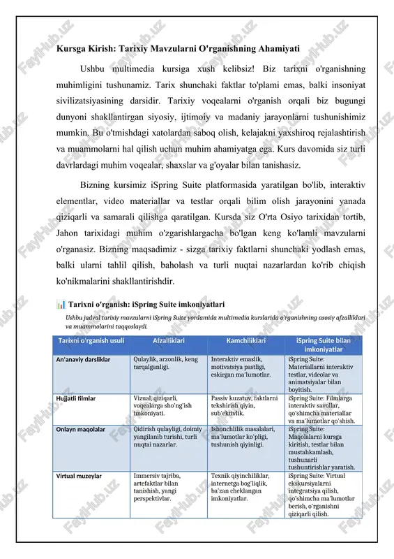 kamlash (interaktiv mashqlar, testlar), yakuniy xulosalar va qo'shimcha materiallar (adabiyotlar ro'yxati, internet resurslari). testlar har bir modul oxirida bilim darajasini aniqlash uchun o'tkaziladi. kurs oxirida yakuniy imtihon o'tkaziladi, u kurs davomida o'rganilgan barcha materiallarni qamrab oladi. 📋 ispring suite yordamida tarixiy mavzularda multimedia kursini yaratish jarayoni bu jarayon ispring suite yordamida qiziqarli va informatsion tarixiy kursni yaratish bosqichlarini qamrab oladi. [diagramma qo'shish xatosi: no elements provided] baholash mezonlari va sertifikatlash talabalar bilimini baholash kurs davomida o'tkaziladigan testlar, interaktiv mashqlar va yakuniy imtihon natijalariga asoslanadi. har bir modul oxirida o'tkaziladigan testlar modulning asosiy mavzularini qanchalik o'zlashtirganingizni aniqlashga yordam beradi. interaktiv mashqlar esa nazariy bilimlarni amalda qo'llash ko'nikmalarini rivojlantiradi. yakuniy imtihon kurs davomida o'rganilgan barcha materiallar bo'yicha bilim darajasini aniqlash uchun o'tkaziladi. kursni muvaffaqiyatli tamomlagan talabalar sertifikatga ega bo'ladilar. sertifikat olish uchun talaba barcha testlardan muvaffaqiyatli o'tishi va yakuniy imtihonda belgilangan minimal ballni to'plashi kerak. sertifikat talabaning ushbu kurs bo'yicha bilimi va …