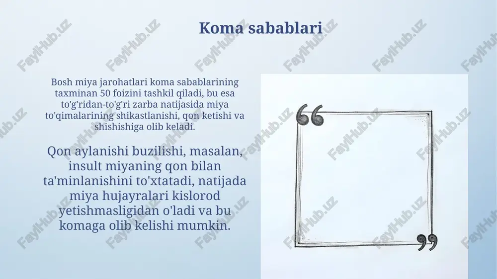 morning ko'z ochishi, og'zaki javobi va motor reaktsiyasi kabi 3 ta reaktsiyasini 3 dan 15 gacha bo'lgan ball bilan baholovchi keng tarqalgan baholash vositasidir. elektroensefalografiya (eeg) miya faoliyatini baholashda asosiy rol o'ynaydi, miya to'lqinlarini o'lchaydi va tahlil qiladi, bu koma sababi bo'lishi mumkin bo'lgan anormal ritmlar yoki konvulsiyalarni aniqlashga yordam beradi. komada ovqatlantirish komada ovqatlantirish odatda nasogastral trubka yoki peg (perkutan endoskopik gastrostomiya) orqali amalga oshiriladi va kuniga 1500-2000 kaloriya beradigan formulalar qo'llaniladi. enteral oziqlantirish komadagi bemorlar uchun muhim, chunki u ichak harakatini rag'batlantiradi va parenteral ovqatlantirishga nisbatan infektsiya xavfini kamaytiradi. komada gigiyena komadagi bemorlar uchun og'iz bo'shlig'i gigienasi juda muhim, chunki so'lak oqimi kamayadi, bu esa 24 soat ichida og'iz bo'shlig'i bakteriyalari sonini ko'paytiradi va pnevmoniya xavfini oshiradi. teri parvarishi bosim yaralarini oldini olish uchun har 2 soatda bemorni aylantirishni o'z ichiga oladi. 1-bosqichdagi yaralar uchun maxsus krem va himoya vositalaridan foydalanish kerak. e'tiboringiz uchun rahmat image4.png image6.jpg image7.jpg …