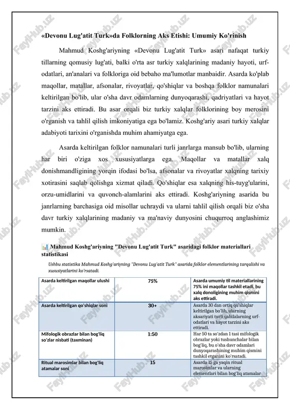 va yomonlik o'rtasidagi kurashni ifodalaydi. afsona va rivoyatlarni tahlil qilish orqali biz xalqning madaniy kodlarini, ramziy tafakkurini va dunyoqarashini tushunishimiz mumkin. ularni o'rganish turkiy xalqlar tarixini va madaniyatini chuqurroq anglash imkoniyatini beradi. ⚖️ mahmud qoshg'ariyning "devonu lug'atit turk" asaridagi folklor materiallarining qiyosiy tahlili "devonu lug'atit turk" asarida uchraydigan afsona, rivoyat va maqollarning qiyosiy tahlili. item madaniy ahamiyati ijtimoiy roli tarixiy asoslanganligi tarqalish darajasi afsonalar yuqori o'yin-kulgi, ma'rifat kam keng rivoyatlar o'rta o'git, hikmat o'rta o'rta maqollar yuqori tarbiya, baholash yuqori juda keng qo'shiqlar va o'yinlarning ijtimoiy rol «devonu lug'atit turk»da qo'shiqlar va o'yinlar ham muhim o'rin tutadi. ular xalqning kundalik hayotida muhim rol o'ynagan, bayramlarda, marosimlarda va turli tadbirlarda ijro etilgan. qo'shiqlar xalqning his-tuyg'ularini, orzu-umidlarini va quvonch-alamlarini aks ettirgan. masalan, asarda sevgi qo'shiqlari, mehnat qo'shiqlari, marsiyalar va boshqa janrdagi qo'shiqlar keltirilgan. ularning har biri o'ziga xos ohangga, ritmga va mazmunga ega. qo'shiqlarni tahlil qilish orqali biz o'sha davr odamlarning sevgi, …