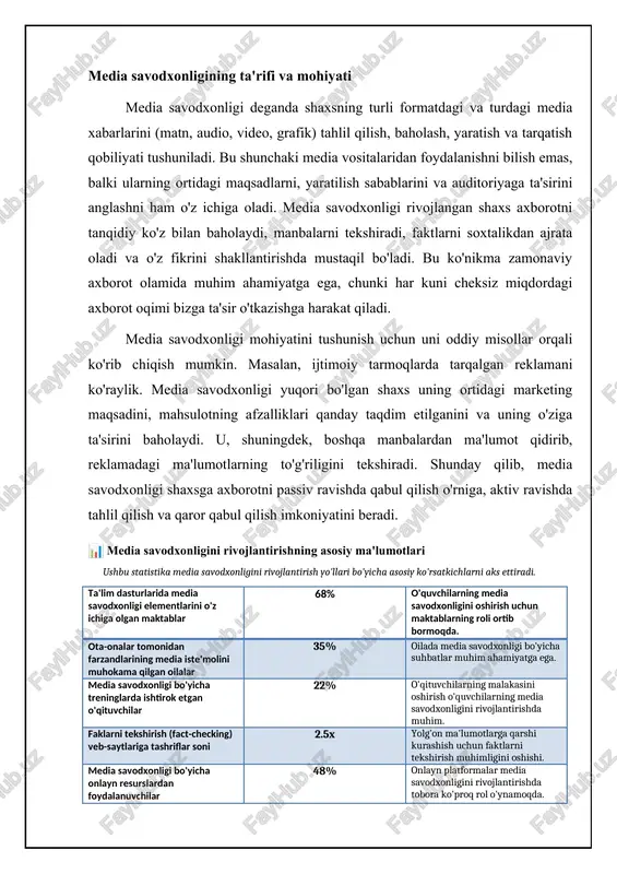 lik resurslariga murojaat qilgan aholi ulushi 35% aholining 35 foizi media savodxonlik resurslaridan foydalangan. media savodxonligining asosiy turlari media savodxonligi bir nechta asosiy turlarga bo'linadi. birinchisi, *axborot savodxonligi* bo'lib, u axborotni qidirish, topish, baholash va undan samarali foydalanish qobiliyatini o'z ichiga oladi. ikkinchisi, *vizual savodxonlik* bo'lib, vizual xabarlarni (rasmlar, videolar, grafikalar) tushunish va tahlil qilish qobiliyatidir. uchinchisi, *ijtimoiy media savodxonligi* bo'lib, ijtimoiy tarmoqlarning o'ziga xos xususiyatlarini, ularning ta'sirini va xavfsizligini tushunishni anglatadi. bundan tashqari, *reklama savodxonligi* ham muhim tur hisoblanadi. bu reklamalarning maqsadini, usullarini va auditoriyaga ta'sirini tahlil qilish qobiliyatidir. *kinematografik savodxonlik* esa filmlarni tahlil qilish, ularning syujetini, qahramonlarini va texnik elementlarini tushunish qobiliyatidir. har bir tur media landshaftining o'ziga xos jihatlariga e'tibor qaratadi va shaxsga axborotni yanada chuqurroq tahlil qilish imkoniyatini beradi. 📈 media savodxonligining asosiy turlari bo'yicha ko'nikmalarning tarqalishi ushbu grafik media savodxonligining turli turlariga oid ko'nikmalarning tarqalishini ko'rsatadi. media savodxonligini rivojlantirish usullari media savodxonligini rivojlantirish uchun turli …