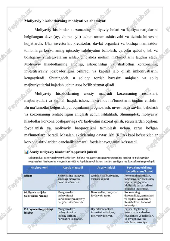 nidan nazorat qilinadigan va kelgusida iqtisodiy foyda olish kutilayotgan resurslardir. ular aylanma aktivlar (cash, accounts receivable, inventory) va uzoq muddatli aktivlar (property, plant, and equipment, intangible assets)ga bo'linadi. majburiyatlar korxonaning kelgusida aktivlarni topshirish yoki xizmat ko'rsatish orqali bajarishi kerak bo'lgan joriy qarzlaridir. ular qisqa muddatli majburiyatlar (accounts payable, short-term debt) va uzoq muddatli majburiyatlar (long-term debt)ga bo'linadi. xususiy kapital esa aktivlar va majburiyatlar o'rtasidagi farqni ifodalaydi va aksiyadorlarning korxonadagi ulushini ko'rsatadi. buxgalteriya balansini tahlil qilish korxonaning moliyaviy holatini baholash uchun muhimdir. likvidlik koeffitsientlari (current ratio, quick ratio) korxonaning qisqa muddatli majburiyatlarini bajarish qobiliyatini baholashga yordam beradi. qarzdorlik koeffitsientlari (debt-to-equity ratio, debt-to-asset ratio) korxonaning qarz yukini va moliyaviy risklarini aniqlashga imkon beradi. aktivlarning aylanuvchanlik koeffitsientlari (inventory turnover, accounts receivable turnover) aktivlardan qanchalik samarali foydalanilayotganini ko'rsatadi. masalan, agar current ratio 2 dan past bo'lsa, korxona qisqa muddatli to'lovlarni amalga oshirishda qiyinchiliklarga duch kelishi mumkin. moliyaviy natijalar to'g'risidagi hisobot: daromad va xarajatlar moliyaviy …