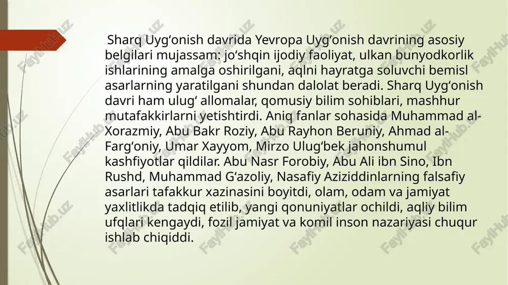 imalar orqali yoxud bevosita arab tilida oʻqib oʻrganganlar. ibn sinoning „tib qonunlari“, „ashshifo“, forobiyning „ilmlar tasnifi“, ahmad fargʻoniyning „samo harakatlari va yulduzlar ilmining jami kitobi“, muxammad muso xorazmiyning „aljabr val muqobila“, ibn rushd, abu bakr roziy asarlari tarjima qilinib, keyinchalik nashr etilgan. algebra, algoritm fanlari xorazmiy asarlari tufayli shakllangan. „tib krnunlari“ 7 asr mobaynida yevropa untlarida tibbiyot darsligi sifatida xizmat qildi. ibn sino shogirdi ibn rushd goyalari italiya, fransiya hurfikrligini boshlab bergan. yevropaliklar sharq olimlarining asarlarini lotin, ispan, yahudiy tillariga qilingan tarjimalar orqali yoxud bevosita arab tilida oʻqib oʻrganganlar. ibn sinoning „tib qonunlari“, „ashshifo“, forobiyning „ilmlar tasnifi“, ahmad fargʻoniyning „samo harakatlari va yulduzlar ilmining jami kitobi“, muxammad muso xorazmiyning „aljabr val muqobila“, ibn rushd, abu bakr roziy asarlari tarjima qilinib, keyinchalik nashr etilgan. algebra, algoritm fanlari xorazmiy asarlari tufayli shakllangan. „tib krnunlari“ 7 asr mobaynida yevropa untlarida tibbiyot darsligi sifatida xizmat qildi. ibn sino shogirdi ibn rushd goyalari italiya, fransiya …
