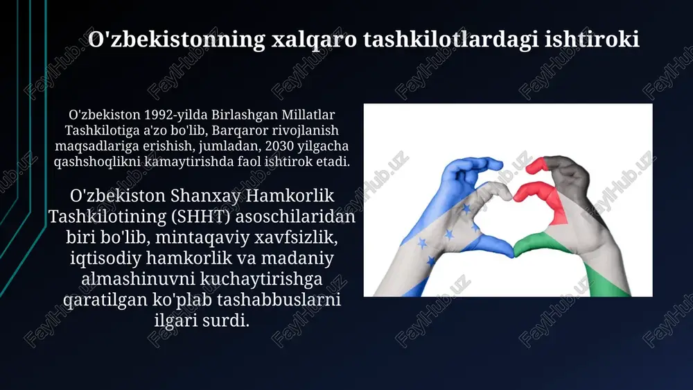 mmunikatsiyalarini rivojlantirish masalalariga alohida e'tibor qaratadi. o'zbekistonning xalqaro huquq va shartnomalarga rioya qilishi o'zbekiston vena konvensiyasi kabi xalqaro shartnomalarni ratifikatsiya qildi, bu esa diplomatik immunitet va davlatlararo munosabatlar bo'yicha huquqiy majburiyatlarni bajarishga sodiqligini ko'rsatadi. o'zbekistonning inson huquqlari bo'yicha umumiy deklaratsiyani qabul qilishi, uning asosiy erkinliklar va qadriyatlarni himoya qilishga intilishini namoyish etadi, bu esa milliy qonunchilikka ta'sir qiladi. chegaralar va hududiy masalalarni hal etishdagi yondashuvlar o'zbekiston chegara masalalarini hal qilishda qo'shni davlatlar bilan muzokaralar olib borish orqali o'zaro manfaatli kelishuvlarga erishishga ustuvor ahamiyat beradi, 2017-yildan beri faol siyosat olib borilmoqda. o'zbekiston chegaralarni delimitatsiya va demarkatsiya qilish bo'yicha komissiyalar faoliyatida ishtirok etadi, bu jarayonlarda xalqaro huquq normalari va o'zaro hurmat tamoyillari asos qilib olinadi. 85% chegaralar aniqlangan. o'zbekiston va jahon hamjamiyati: umumiy maqsadlar sari o'zbekistonning barqaror rivojlanish maqsadlariga (brm) erishishga qaratilgan sa'y-harakatlari global kun tartibiga mos keladi, shu jumladan 2030 yilgacha qashshoqlikni kamaytirish va ta'limni yaxshilash. o'zbekistonning shanxay hamkorlik tashkilotiga (shht) …