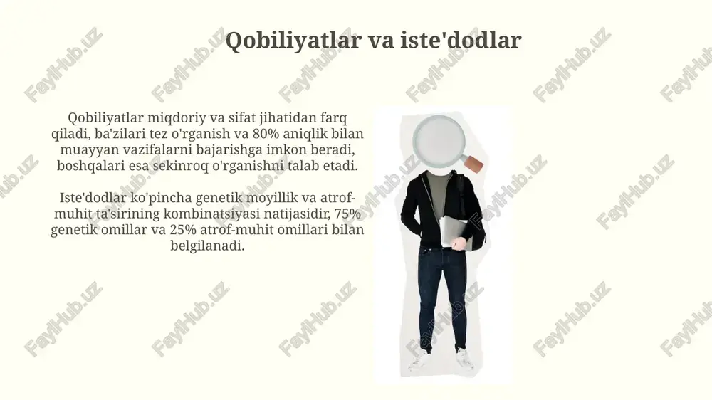 ar yuqori darajadagi faollik, kuchli his-tuyg'ular va tezkorlik bilan ajralib turadi, lekin tezda asabiylashishi mumkin. ularning harakatlari 60-70% hollarda impulsiv bo'lib, sabr-toqat yetishmasligiga olib keladi. flegmatiklar xotirjamlik va barqarorlikni namoyon qiladi, ularning harakatlari odatda 80-90% hollarda o'ylangan va sekin bo'ladi. energiya darajasi past, lekin ish faoliyatini uzoq vaqt davomida ushlab turadi. qobiliyatlarni rivojlantirish qobiliyatlarni rivojlantirish uchun 10,000 soatlik qoidaga amal qiling: maqsadli mashqlar orqali biror sohada yuqori natijalarga erishing. oʻqitish, mentorlik, va onlayn resurslardan foydalanib, 5 asosiy qobiliyatni aniqlang va ularni rivojlantirish uchun strategik yondashuvni qoʻllang. shaxsiyat shakllanishi shaxsiyat shakllanishida irsiyatning roli katta. genetik omillar, masalan, temperamentning 40-60 foizini belgilaydi, bu esa shaxs xususiyatlarini shakllantirishda muhim ahamiyatga ega. erta bolalik davri, ayniqsa 0-5 yosh orasida, shaxsiyat shakllanishida muhim rol o'ynaydi. bu davrda bolaning boshqa odamlar bilan o'zaro munosabatlari asosiy xususiyatlarni belgilaydi. e'tiboringiz uchun rahmat image3.png image4.jpg image5.jpg image6.jpg image7.jpg image8.jpg image9.jpg image10.jpg image11.jpg image12.jpg image13.jpg image14.jpg image15.jpg image16.jpg image17.jpg image18.jpg …