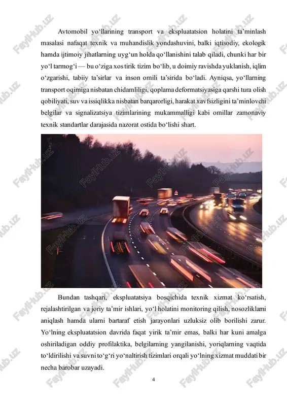 sosiy qism 1. avtomobil yo‘llarining transport ekspluatatsion holati tushunchasi va unga ta’sir etuvchi asosiy omillar. avtomobil yo‘llarining transport-ekspluatatsion holati deganda, yo‘lning transport vositalarining uzluksiz, xavfsiz, qulay va iqtisodiy jihatdan samarali harakatlanishini ta’minlay oladigan texnik, muhandislik va funksional imkoniyatlari majmui tushuniladi. bu tushuncha o‘z mohiyatiga ko‘ra murakkab, ko‘p omilli tizim bo‘lib, yo‘lning fizik-geometrik parametrlari, qoplama sifati, iqlimiy ta’sirlar, transport oqimi zichligi, texnik xizmat ko‘rsatish sifati, xavfsizlik darajasi va ekologik barqarorlik kabi bir qator muhim komponentlarning uyg‘un holatda ishlashiga asoslanadi. avtomobil yo‘llarining transport ekspluatatsion holati davlat iqtisodiyoti, ijtimoiy rivojlanish, hududlararo aloqalar va xalqaro integratsiyaning asosiy tayanchi bo‘lib, har bir yo‘lning sifati, mustahkamligi va barqarorligi nafaqat transport harakatining uzluksizligini, balki butun mamlakat infratuzilmasining raqobatbardoshligini belgilaydi. shu boisdan bu holatning me’yoriy talablar asosida shakllanishi, uzluksiz monitoring qilinishi va yuqori darajada saqlanishi strategik ahamiyat kasb etadi. avtomobil yo‘llarining transport ekspluatatsion holatiga bevosita ta’sir ko‘rsatadigan asosiy omillar bir necha guruhlarga ajratiladi: tabiiy-iqlimiy, texnik- muhandislik, tashkiliy-ekspluatatsion, transport-oqimiy …