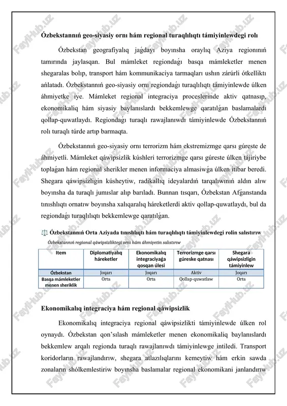 -quwatlaydı. ózbekstan aymaǵında diniy ekstremizm hám terrorizm ideyalarınıń tarqalıwınıń aldın alıw boyınsha da kompleks ilajlar alıp barıladı. bul baǵıtta bilim beriw baǵdarlamaların rawajlandırıw, jaslardı watansúyiwshilik ruwxında tárbiyalaw hám diniy tolerantlıqtı qáliplestiriw boyınsha jumıslar ámelge asırılmaqta. terrorizm hám ekstremizmge qarsı gúreste húkimetlik emes shólkemler hám puqaralıq jámiyetiniń aktiv qatnasıwı da qollap-quwatlanadı. afǵanstandaǵı tınıshlıq procesinde ózbekstannıń rolı afǵanstandaǵı turaqsızlıq oraylıq aziya regionı ushın úlken qáwipsizlik qáwpin jaratadı. ózbekstan afǵanstanda tınıshlıqtı ornatıw boyınsha xalıqaralıq háreketlerdi aktiv qollap-quwatlaw arqalı regiondaǵı turaqlılıqtı bekkemlewge úles qosadı. mámleket afǵanstan húkimeti hám taliban arasındaǵı muzakeralardı shólkemlestiriwde járdem beredi hám de afǵan xalqınıń sociallıq-ekonomikalıq rawajlanıwına qaratılǵan joybarlardı ámelge asırıwǵa intiledi. ózbekstannıń afǵanstan menen shegarası boyınsha ekonomikalıq baylanıslardı rawajlandırıw da tınıshlıq procesine járdem beredi. termiz qalasında afǵanstanlı studentler ushın bilim beriw orayı ashıldı, bul bolsa afǵan jaslarınıń bilim alıwına imkaniyat jaratadı. bunnan tısqarı, ózbekstan afǵanstanda infraqurılımdı tiklew boyınsha joybarlardı qollap-quwatlaydı, atap aytqanda, «ózbekstan-afǵanstan-pakistan» temir jolı joybarı regiondaǵı sawda baylanısların kúsheytiwge …