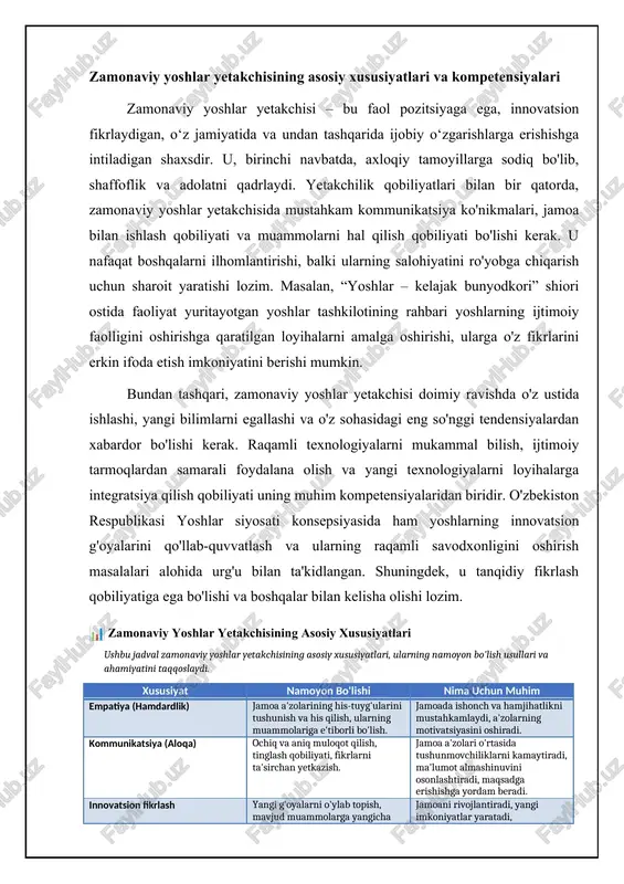 a'minlash bo'yicha ishlarni faol olib borishi lozim. zamonaviy yoshlar yetakchisi: ta'rif va vazifalar innovatsion yetakchilik: raqamli avlodga yo'naltirilgan zamonaviy yoshlar yetakchiligining muhim jihati - innovatsion yondashuv bo'lib, bu raqamli avlodning o'ziga xos xususiyatlarini hisobga oladi. raqamli avlod, asosan, internet, ijtimoiy tarmoqlar va mobil texnologiyalar muhitida o'sgan. shuning uchun, yetakchilar ushbu platformalardan samarali foydalana olishlari, shuningdek, yoshlarning ehtiyojlari va qiziqishlariga mos keladigan innovatsion loyihalarni ishlab chiqishlari kerak. masalan, yunisefning u-report dasturi yoshlarning fikrlarini aniqlash va ijtimoiy muammolarni hal qilishda texnologiyalardan foydalanishning yaxshi namunasi hisoblanadi. bu kabi loyihalar yoshlar o'rtasida faollikni oshirishga yordam beradi. innovatsion yetakchilik faqat texnologiyalardan foydalanish bilan cheklanmaydi. u yangi g'oyalar, o'zgarishlarga moslasha olish va kreativ yondashuvlarni o'z ichiga oladi. bugungi kunda yoshlarning dolzarb muammolari, masalan, iqlim o'zgarishi, ishsizlik va ta'lim sifati kabi masalalarni hal qilish uchun yangi yechimlar talab etiladi. yetakchilar yoshlarni bu muammolarni hal qilishga jalb qilishlari, ularning g'oyalarini qo'llab-quvvatlashlari va ularga imkoniyatlar yaratib berishlari zarur. statistik …