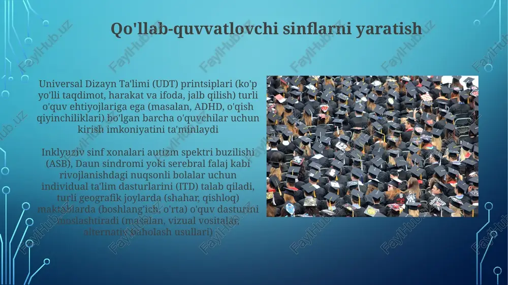 lantiradi va 75% o'quvchilarda salbiy munosabatni kamaytiradi oilaga yo'naltirilgan yondashuvlar (masalan, 2023 yilgi idea c/b qismi) aqshning 50 shtatida individual ta'lim dasturlari (itd)ga ota-onalarning fikrlarini ustuvor deb biladi va turli jamoalardagi (qishloq, shahar) 7 milliondan ortiq rivojlanishdagi nuqsonlari (masalan, autizm, daun sindromi) bo'lgan bolalarga ta'sir ko'rsatadi universal o'qitish dizayni (uod) e'tiboringiz uchun rahmat @taqdimot_robot image3.jpg image4.jpg image5.jpg image6.jpg image7.jpg image8.jpg image9.jpg image10.jpg image11.jpg image12.jpg image13.jpg image14.jpg image15.jpg image16.jpg image17.jpg image18.jpg image19.jpg image2.png