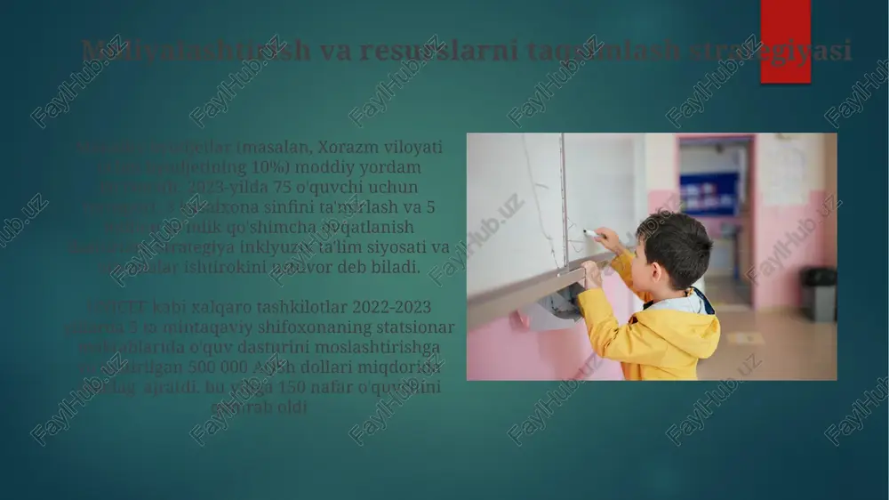 oizi muhim gseni oʻtkazib yuboradi, bu kelajakdagi imkoniyatlarga taʼsir qiladi kasalxona bolalariga beriladigan mavjud ta'lim o'zbekiston kasalxonalarida 12 viloyat bo'ylab uzoq muddatli (6+ oy) davolanuvchi bolalar uchun izchilli va tuzilgan umumiy o'rta ta'lim dasturlari (5-11 sinflar) yetishmaydi; yiliga ~3000 bolaga ta'sir qiladi. ixtisoslashgan kasalxona maktablari kam, asosan toshkentda, bu esa mintaqalararo farqlarni keltirib chiqaradi hozirgi tizim ko'pgina oilalar uchun qimmatga tushadigan shaxsiy repetitorlarga, kamdan-kam tashrif buyuradigan mobil ta'lim guruhlariga va o'zbek tilida materiallari kam bo'lgan cheklangan onlayn resurslarga tayanadi. markaziy osiyodagi boshqa davlatlardagi (masalan, qozog'istondagi masofaviy o'qitish platformalari) muvaffaqiyatli modellarni moslashtirish mumkin ota-ona ishtiroki va qo'llab-quvvatlashi holat tahlillari: boshqa mamlakatlardan muvaffaqiyatli modellari kanada "kasalxona maktablari" tarmog'i (faqat ontarioda 15 dan ortiq kasalxona) 2000 dan ortiq surunkali kasal bolalar uchun individual o'quv dasturini ta'minlaydigan 100 dan ortiq o'qituvchini birlashtiradi. 95% o'quvchilar sog'aygandan keyin asosiy ta'limga muammosiz qaytadilar, bu samarali o'quv qo'llab-quvvatlash tizimlarini ko'rsatadi. toshkentdagi 2021-yilgi onkologiya markazi 150 dan ortiq (7-17 …