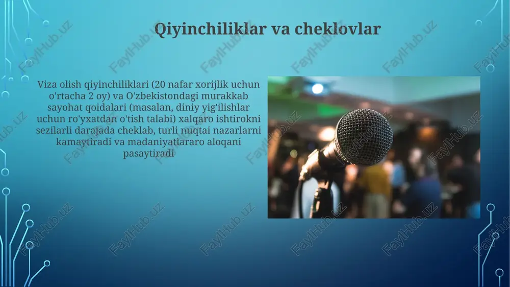 di. konferensiya mavzu va maqsadlari 2024-yilgi o'zbekistondagi dinlararo muloqot konferensiyasi: samarqand va toshkentda islom, xristianlik va yahudiylik o'rtasidagi diniy bag'rikenglik va tinch-totuv birga yashashni targ'ib qilish; maqsadlar: seminarlar, ma'ruzalar (30 ishtirokchi) orqali o'zaro tushunishni rivojlantirish, dinlararo ibodat marosimlari. 2022-yil toshkent islom huquqshunosligi konferensiyasi: o'zbekistonda islom huquqiy fikrini modernizatsiya qilish; oila huquqi, iqtisodiy axloq (100 ishtirokchi), zamonaviy muammolarga islom matnlarini talqin qilish; o'zbek jamiyatidagi ayollarning rolini islom doirasida tahlil qilish. e'tiboringiz uchun rahmat @taqdimot_robot image3.jpg image4.jpg image5.jpg image6.jpg image7.jpg image8.jpg image9.jpg image10.jpg image11.jpg image12.jpg image13.jpg image14.jpg image15.jpg image2.png