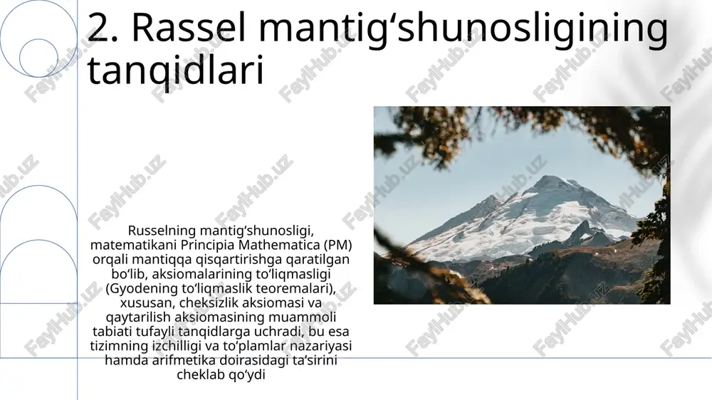 rasmiy tizimlarning chegaralari haqidagi gyodlning to'liqsizlik teoremalariga (1931) ta'sir qilishi mumkin 11.mantiqiy konstruksiyalar matematikaning butunligini mantiq bilan qamrab olishning yetarliligi, xususan tanlash aksiomasi va kurt gödelning (1931) toʻliqsizlik teoremalari boʻyicha tanqidlar paydo boʻldi, bu principia sistemasiga asoslangan birinchi tartibli mantiqiy ramka ichida arifmetikaning toʻliq va izchil aksiomatizasiyasi umidini shubha ostiga qoʻydi. 12.rasselning mantiqiy qarashlari ta'siri rasselning "matematikaning printsiplari" (1903) dagi an'anaviy mantiqqa, ayniqsa, aristotel mantig'ining chegaralariga qarshi tanqidi to'plamlar nazariyasiga (masalan, rassel paradoksi sodda to'plamlar nazariyasidagi ziddiyatlarni ochib berdi) ta'sir ko'rsatib, butun dunyo bo'yicha matematik asoslarni tubdan o'zgartirdi rassel va uaytxedning "mathematica printsipiyasi" (1910-1913) mantig' va matematikaga inqilob qildi, matematikani mantiqiy aksiomalardan kelib chiqarishga harakat qilib, kembrij va undan tashqarida xx asr asoslarini o'rganishga ta'sir ko'rsatdi 13.boshqa mantiqiy pozitivistlar bilan taqqoslash rassel, karnap va neyrat kabi vena doyirasi a'zolari aksincha, qat'iy tekshiruv printsipini kamroq ta'kidlab, qat'iy empirik tekshiruvdan ko'ra mantiqiy tahlil va til ravshanligiga e'tibor qaratdi; bu 20-asrda kembrij va …