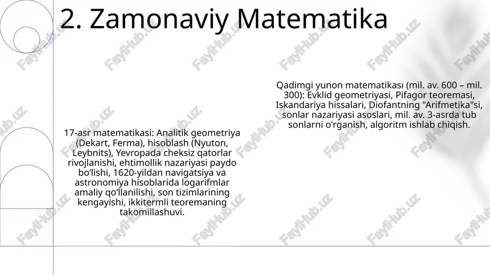 lar. fors, arab va markaziy osiyo matematiklarining muhim hissalari. 11-13-asrlar: umar xayyomning algebradagi hissasi (kub tenglamalarni yechish); trigonometriyadagi yutuqlar (ibn yunusning astronomik jadvallari); sonli tahlil usullarining takomillashuvi; matematik bilimlarining andalusiyadan eronigacha bo'lgan islom dunyosi bo'ylab tarqalishi. fibonachchining sayohatlari orqali (bilvosita ta'sir) hindiston-arab raqam tizimini yevropaga kiritish. 14-15-asrlar: matematikaga oid ishlar avvalgilariga nisbatan sekinlashdi; mintaqaviy yo'nalish kuchaydi; astronomiyadagi muhim yutuqlar matematikaga ta'sir ko'rsatdi; avvalgi asarlar saqlandi va ularga sharhlar yozildi; markazlashgan ilmiy markazlarning tanazzul topishi matematik taraqqiyotga ta'sir qildi. 9. islom oltin asri matematikasi kech davr (mil. av. 664-332) va yunon-rim davrlarida mavjud matematik bilimlardan foydalanish davom etgan. moskva matematik papirusida (mil. av. taxminan 1850) geometriya, jumladan, kesilgan piramidaning hajmini hisoblash bo'yicha yuqori darajadagi tushuncha namoyon bo'ladi qadimgi misr matematikasida (miloddan avvalgi 3100-2686 yillar va miloddan avvalgi 332-395 yillar oralig'ida) amaliy hisob tizimlari (iroglifiya, ieratik) davlat boshqaruvi, qurilish (giza piramidasi, miloddan avvalgi 2580-2560 yillar) va nil daryosi bo'yidagi yer o'lchashda qo'llanilgan …