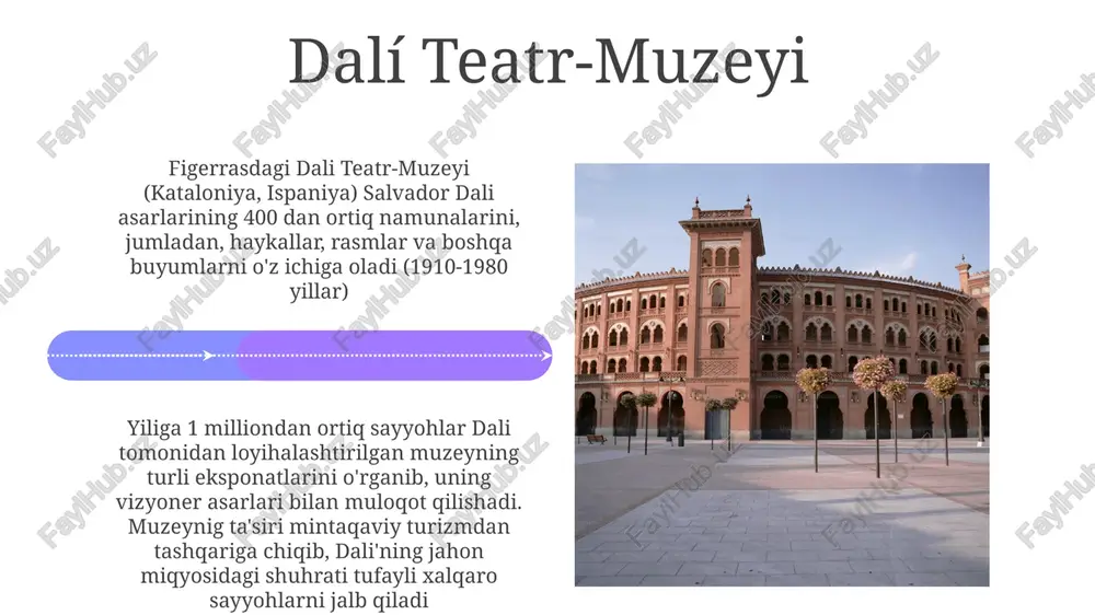 bao'dagi guggenxaym ta'siri shahar iqtisodiyotini va infratuzilmasini jonlantirdi; uning me'moriy ta'siri ispaniya bo'ylab shaharni qayta qurish loyihalarini rag'batlantirdi. muzeyning bilbao turizmiga qo'shgan ulkan hissasi, yiliga yuz millionlab yevrolar bilan baholanib, madaniy muassasalarning iqtisodiy o'sishni rag'batlantirish kuchini ko'rsatadi. prado muzeyi madriddagi reina sofiya muzeyida 20-asr asarlari, xususan pikassonning "gernika"si, dalining sürrealizmi va mironing abstrakt rasmlari namoyish etiladi. 20 000 dan ortiq eksponat. 1900-yildan keyingi ispaniyaning badiiy evolyutsiyasini aks ettiruvchi zamonaviy va zamonaviy san'at. arxitektura elementlari ham muhim rol o'ynaydi. joan miró fondi miró fondi, barselona, monxuik tepaligida joylashgan bo'lib, mironing 70 yillik ijodiy faoliyatini (1893-1983) aks ettiruvchi 10 000 dan ortiq asarlarni (rasmlar, haykallar, chizmalar va gobelenlar) o'z ichiga oladi. "ferma" (1921-22) va "oyga hurayotgan it" (1926) kabi muhim asarlar ham mavjud madriddagi reina sofiya muzeyida miro asarlarining katta to'plami, jumladan "arlequin karnavali" (1924-25) va 1920-30 yillardagi bir qancha sürrealist rasmlari mavjud. pikasso va dali bilan bir qatorda, mironing asarlari muzeyning …