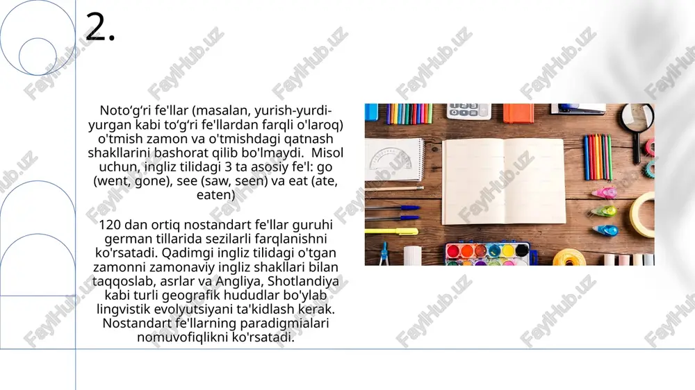 ere", "be" va asosiy shakllar qo'llaniladi 13.fe'l zamonlari fe'l tushlanishi turli tillarda (masalan, ispan, fransuz, nemis) grammatik shaxs (birinchi, ikkinchi, uchinchi), son (birlik, ko'plik) va zamon bo'yicha o'zgaradi, jumla tuzilishi va ma'nosini o'zgartiradi. misol: hozirgi takmil zamon ("yeb qo'ydi") oddiy o'tgan zamon ("yeb qo'ydi")dan vaqtni ifodalashda farq qiladi. ingliz fe'l zamonlari (o'tgan, hozirgi, kelajak) sodda, davomli, mukammal va mukammal davomli ko'rinishlarni o'z ichiga oladi; jami 12 zamon mavjud bo'lib, gap tuzilishiga umumiy ta'sir ko'rsatadi 14.fe'l birikmalari fe'l birikmalari murakkab fe'l tuzilmalarini yaratadi. masalan, o'tgan zamon ("yurgan – tugallangan harakat") va kelasi zamon davomiy ("yurayotgan bo'ladi – kelajakda davom etayotgan harakat") zamonlar adabiyotda murakkab grammatik tuzilmalarni namoyon qiladi fe'l birikmalari ("up", "down", "on", "off" kabi) qo'shimchalar asosiy fe'lning ma'nosini sezilarli darajada o'zgartiradi; masalan, "look up" (manbani, masalan, oxford lug'atini tekshirish) va "look down" (mensimay qarash, londonda balandlikdan kuzatish) 15.o'zlik fe'llar o'zbek tilida: fe'lning to'g'ridan-to'g'ri to'ldiruvchisi bo'lmagan fe'llar (masalan, uxlash, tushish, mavjud …