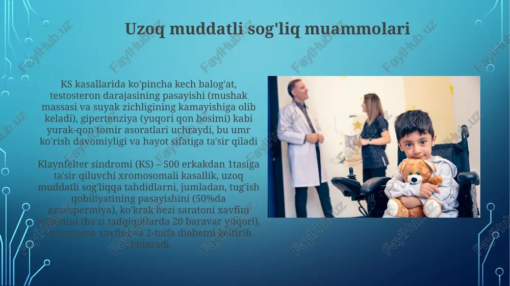 flanib, spermatogenez yoki oogenez davrida mayoz nondisunktsiyadan kelib chiqadi va jinsiy xromosomalar to'plamini buzadi. kasallangan shaxslarda gippogonadizm, testosteronning kamayishi, ginekomastiya va o'rtachadan uzun bo'yli bo'lish kuzatiladi davolash variantlari testosteronni almashtirish terapiyasi (tat), ikkilamchi jinsiy belgilarni yaxshilash va tug'ish imkoniyatlarini o'z ichiga oladi. genetik maslahat oilaga irsiyat xavfini tushunishga yordam beradi (takrorlanish xavfi past, lekin onaning yoshi o'sishi bilan ortadi). davolash tegishli tibbiy holatlarni bartaraf etishga qaratilgan. e'tiboringiz uchun rahmat @taqdimot_robot image3.jpg image4.jpg image5.jpg image6.jpg image7.jpg image8.jpg image9.jpg image10.jpg image11.jpg image12.jpg image13.jpg image14.jpg image2.png