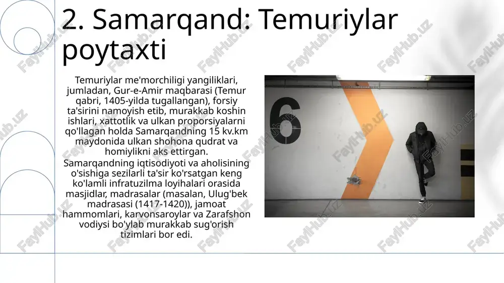 lari shahar qishloq xo'jaligini qo'llab-quvvatlagan. ko'p shaharlar chahorbog' (to'rt bog') dizaynlari bilan qurilgan bo'lib, markazlashgan boshqaruv va estetik ideallarni namoyish etgan amir temur harbiy yutuqlari va markazlashgan hukmronligi natijasida minglab hunarmand va ishchilarni jalb qilgan keng ko'lamli obodonlashtirish ishlari, jumladan, masjidlar (samarqanddagi registon majmuasi), madrasalar (ulug'bek madrasasi kabi) va maqbaralar (gur-amir) qurildi e'tiboringiz uchun rahmat @taqdimot_robot image1.png image2.jpg image3.jpg image4.jpg image5.jpg image6.jpg image7.jpg image8.jpg image9.jpg image10.jpg image11.jpg image12.jpg