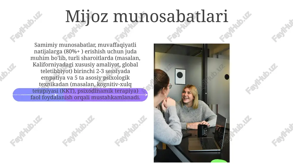 es 1st qtr 2nd qtr 100 0 sales 1st qtr 2nd qtr 100 0 hujjat yuritish va maxfiylik maxfiylik asosiy; xabardor rozilik, maxfiylik chegaralarini aniqlash (masalan, kaliforniyada bolalarga nisbatan zo'ravonlik to'g'risida majburiy xabar berish yoki o'ziga yoki boshqalarga zarar yetkazish xavfi) juda muhim hujjat yuritish amaliyoti turli hududlarda farq qiladi (masalan, avstraliyaning psixologiya kengashi ko'rsatmalari; kanadaning ontario ro'yxatdan o'tgan psixologlar kolleji), bu esa hujjatlarni saqlash muddatiga ta'sir qiladi (masalan, 7 yil yoki mahalliy qonunlarga va mijoz ma'lumotlarining xususiyatiga qarab cheksiz) baholash usullari davolash aralashuvlari kognitiv-xulq terapiyasi (kkt) london shahrida qo'rqinch (masalan, umumlashgan qo'rqinch buzilishi, vahima buzilishi) va nyu-york shahrida depressiya (katta depressiv buzilish, doimiy depressiv buzilish) dagi noto'g'ri fikrlash uslublari va xulq-atvorlarni o'zgartirishga qaratilgan 10-20 seansdan foydalanadi psixodinamik terapiya (6 oydan bir necha yilgacha) ongsiz konfliktlar va o'tgan tajribalarning hozirgi hayotga ta'sirini o'rganadi e'tiboringiz uchun rahmat @taqdimot_robot image4.jpg image5.jpg image6.jpg image7.jpg image8.jpg image9.jpg image10.jpg image11.jpg image12.jpg image13.jpg image14.jpg image15.jpg image16.jpg …